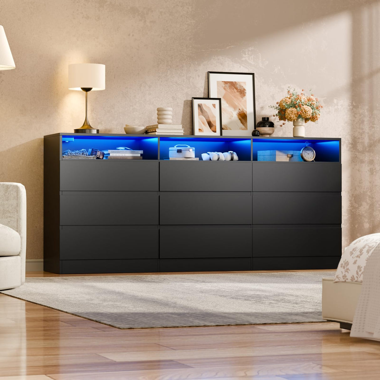 STIKELY 9 Drawer Dresser for Bedroom with Power Outlet and LED Light, Black Dresser Chest of Drawers for Closet, Modern Dressers Organizer Cabinet for Living Room, Entryway, Hallway STIKELY