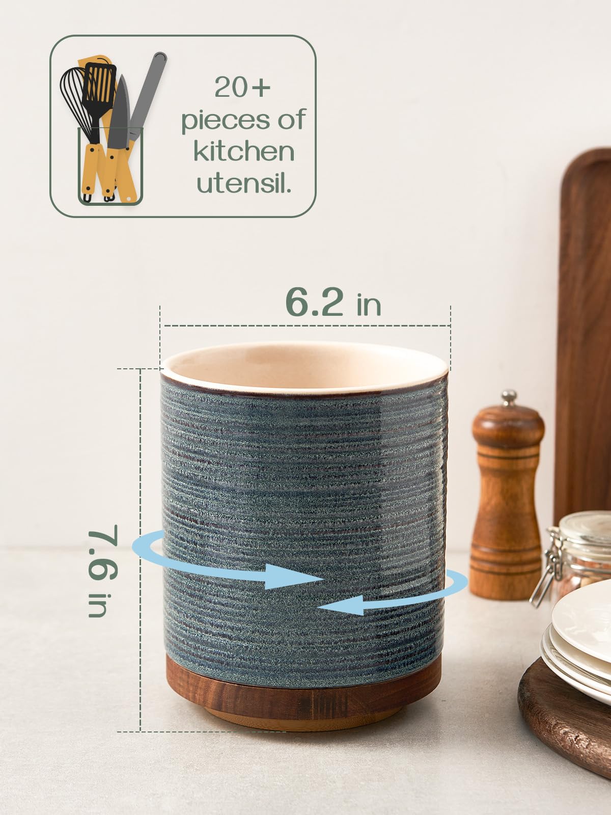 DOWAN Utensil Holder, 360° Rotating Extra Large Cooking Utensil Holder, 7.6" Kitchen Utensil Holder for Countertop, Utensil Crock for Farmhouse Kitchen Decor, Ceramic Stable Utensil Caddy, Blue DOWAN