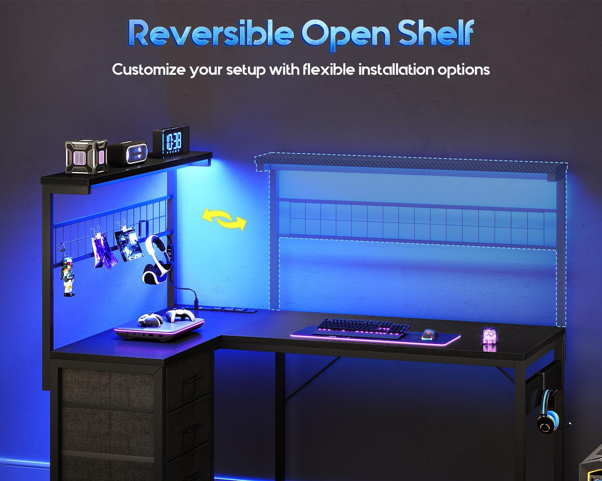 MOTPK L Shaped Gaming Desk with Shelf & 4 Drawers, 43" Reversible Computer Desk with LED Light, Home Office Table with Hutch and Hook, Black MOTPK