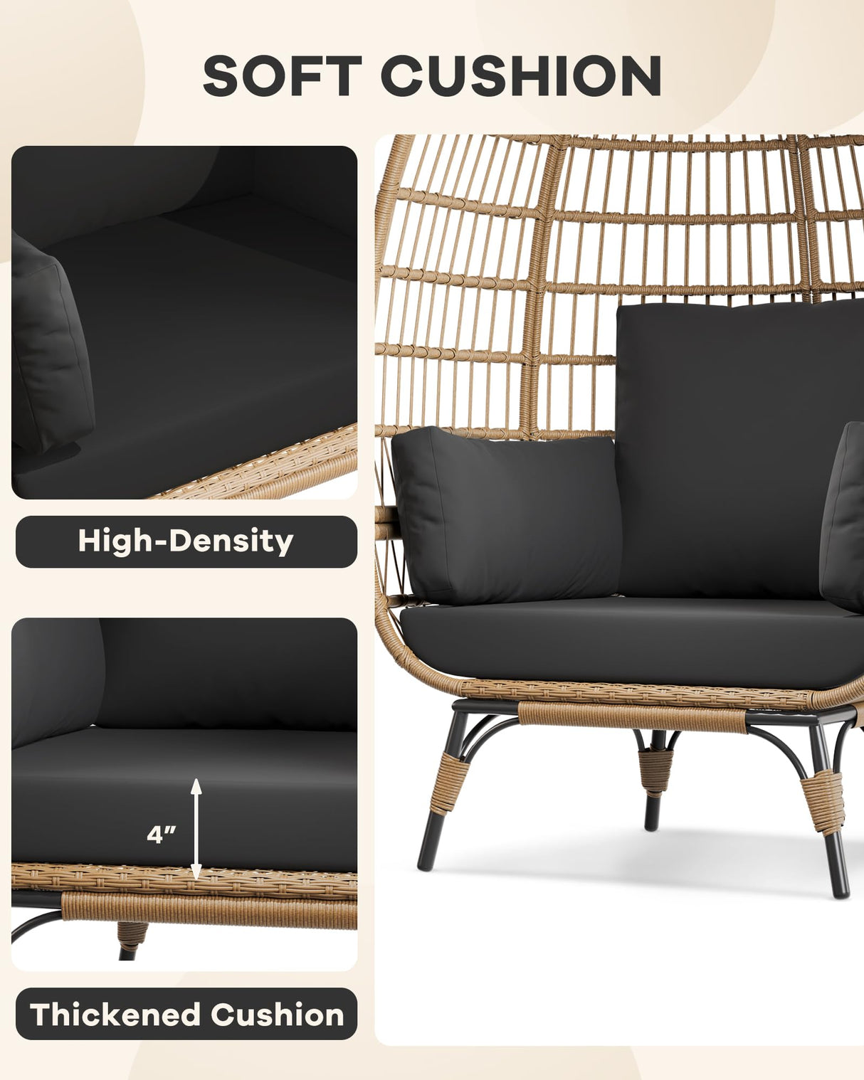 Oversized Wicker Egg Chair Outdoor, Patio Lounge Chair with Ultra Luxury Cushions & Steel Frame, 350LBs Capacity Egg Chair Indoor Outdoor for Balcony, Patio, Living Room, Black GarveeHome