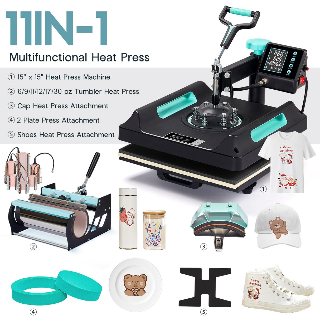 Specraft 11-in-1 Combo Heat Press, 15x15 360° Swing-Away Digital Sublimation Machine for T-Shirts Mugs Hats Plates Shoes, Green Black SPECRAFT