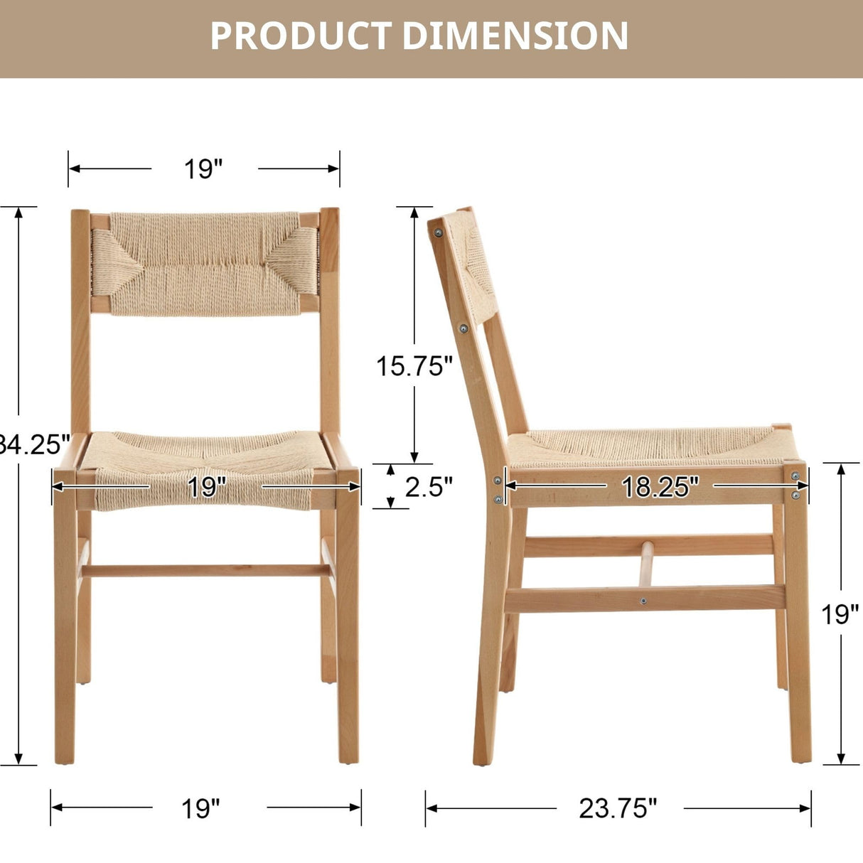 Mid Century Modern Rattan Dining Chairs Set of 2, Natural Beechwood Kitchen Chairs Farmhouse Woven Dining Room Chairs, Armless Boho Cane Wicker Chair Wooden Dining Chairs with Weave Hemp Seat and Back LIVINOVA