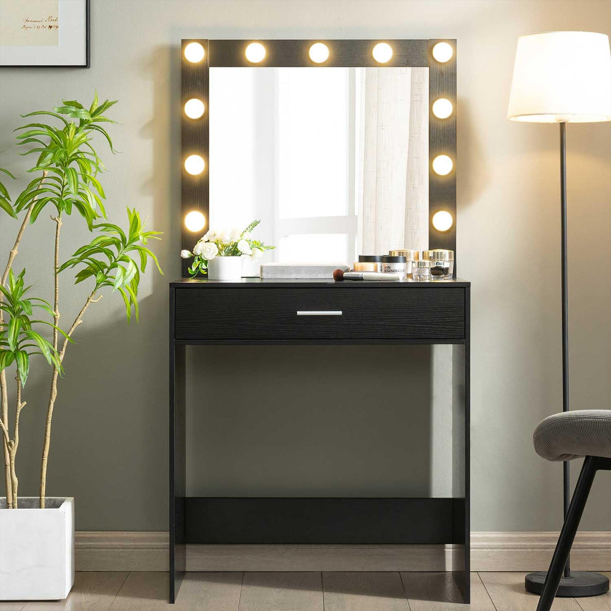 SRECELL Makeup Vanity Desk with Hollywood Mirror, Small Vanity Table with LED Lights & 1 Large Drawers, 3 Color Adjustable Makeup Mirror, Dressing Table for Bedroom, Dressing Room,Black SRECELL