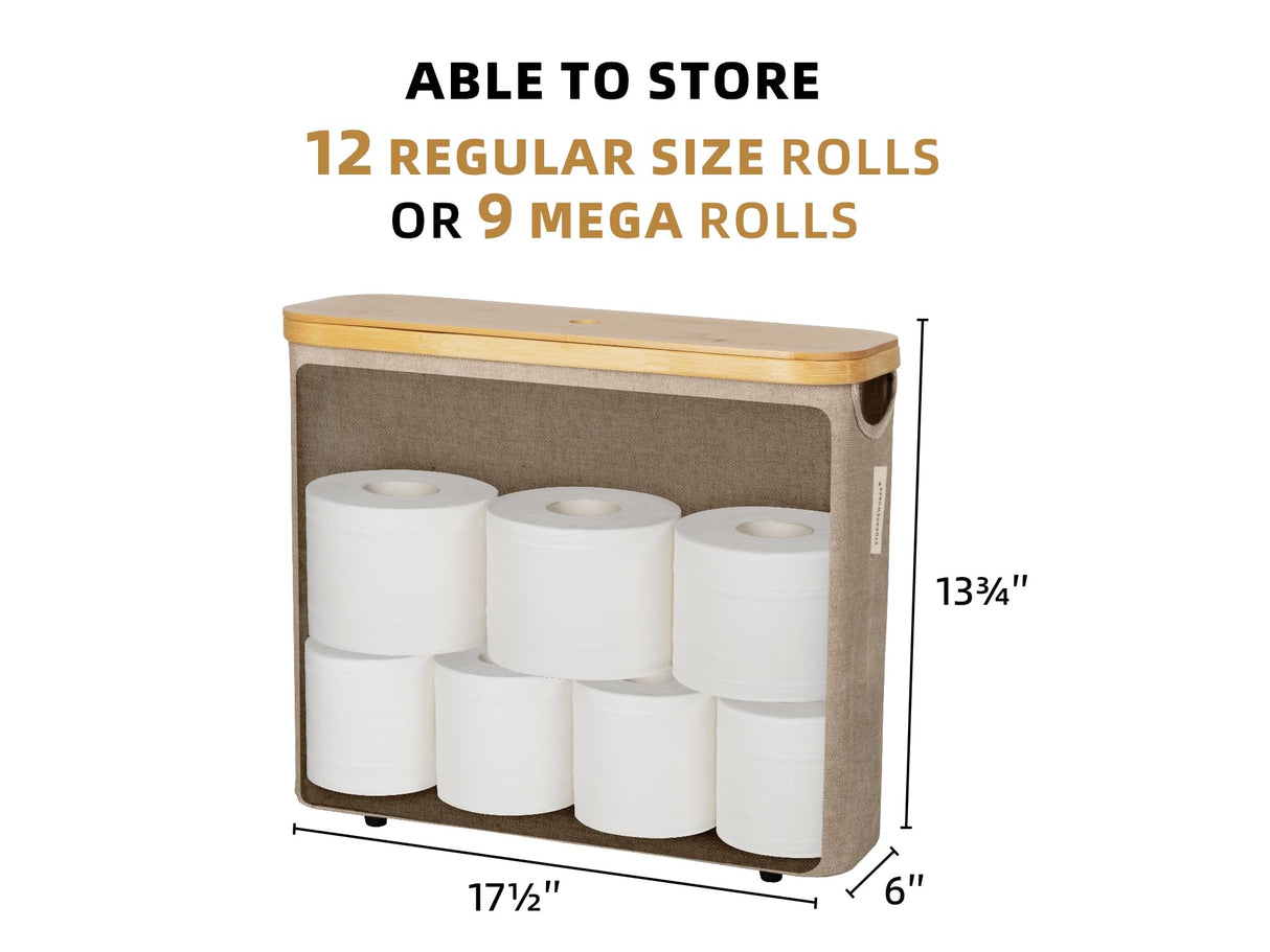 StorageWorks Toilet Paper Storage Basket, Toilet Paper Basket with Bamboo Lid, Large Toilet Paper Holder for up to 9 Mega Rolls, Toilet Paper Storage Cabinet for Bathroom, Brown and Beige, 1 Pack StorageWorks