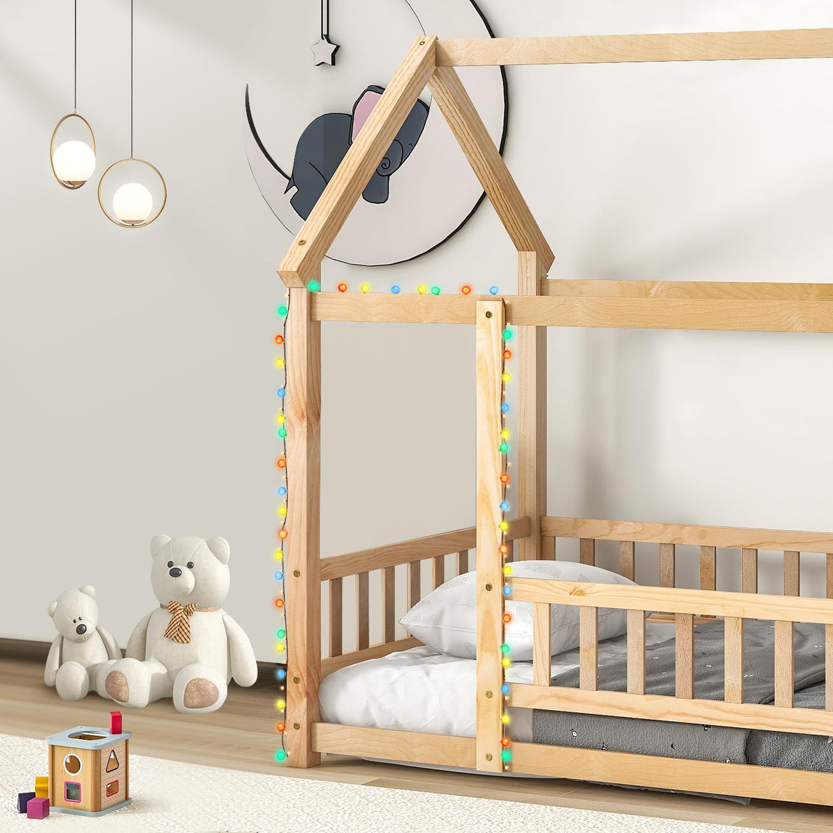 Montessori Twin House Bed Frame with Roof and Fence for Kids, Natural Pine LLS