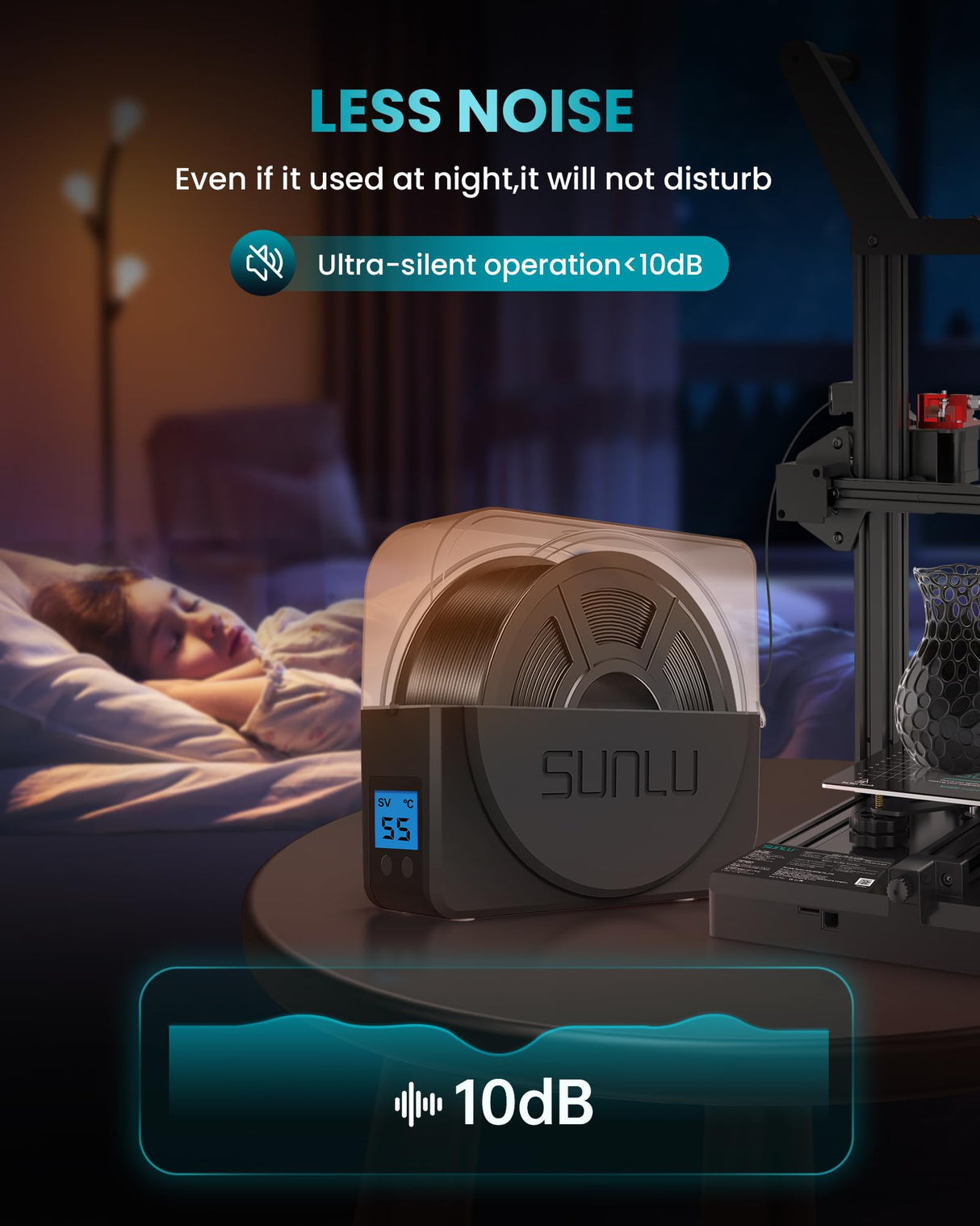 SUNLU Filament Dryer Box for 3D Printer Filament, S1 Plus Filament Dehydrator with Fan Design, Filament Storage can Keep 1.75 2.85 3.00mm PLA PETG ABS Filament Dry During 3D Printing (Black) SUNLU