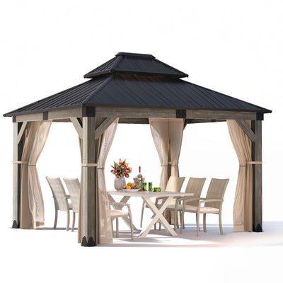 COSIEST 10x12FT Cedar Wood Gazebo, Outdoor Hardtop Gazebo with 2-Tier Galvanized Steel Roof, Netting & Curtains, Wooden Gazebo Pavilion for Patio Backyard Deck Lawn