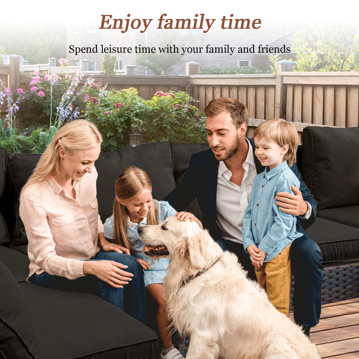 GREZJXC 7 Pieces Outdoor Sectional Patio Furniture Set with Fire Pit Table PE Rattan Wicker Patio Sectional Conversation Set with Cushion Black GREZJXC