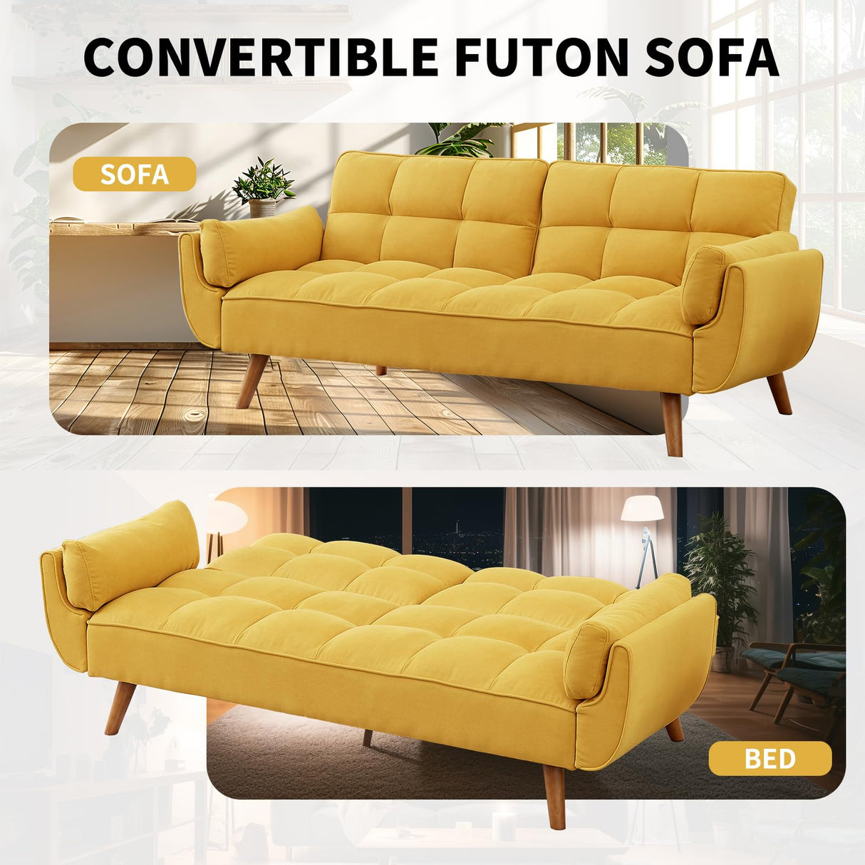 Homies Life Convertible Futon Sofa Bed, Linen Sleeper Couch, 75" W Modern 3 Seater Tufted Sofa with Adjustable Backrests and Solid Wood Legs for Small Spaces, Living Room, Bedroom, Golden Yellow Homies Life