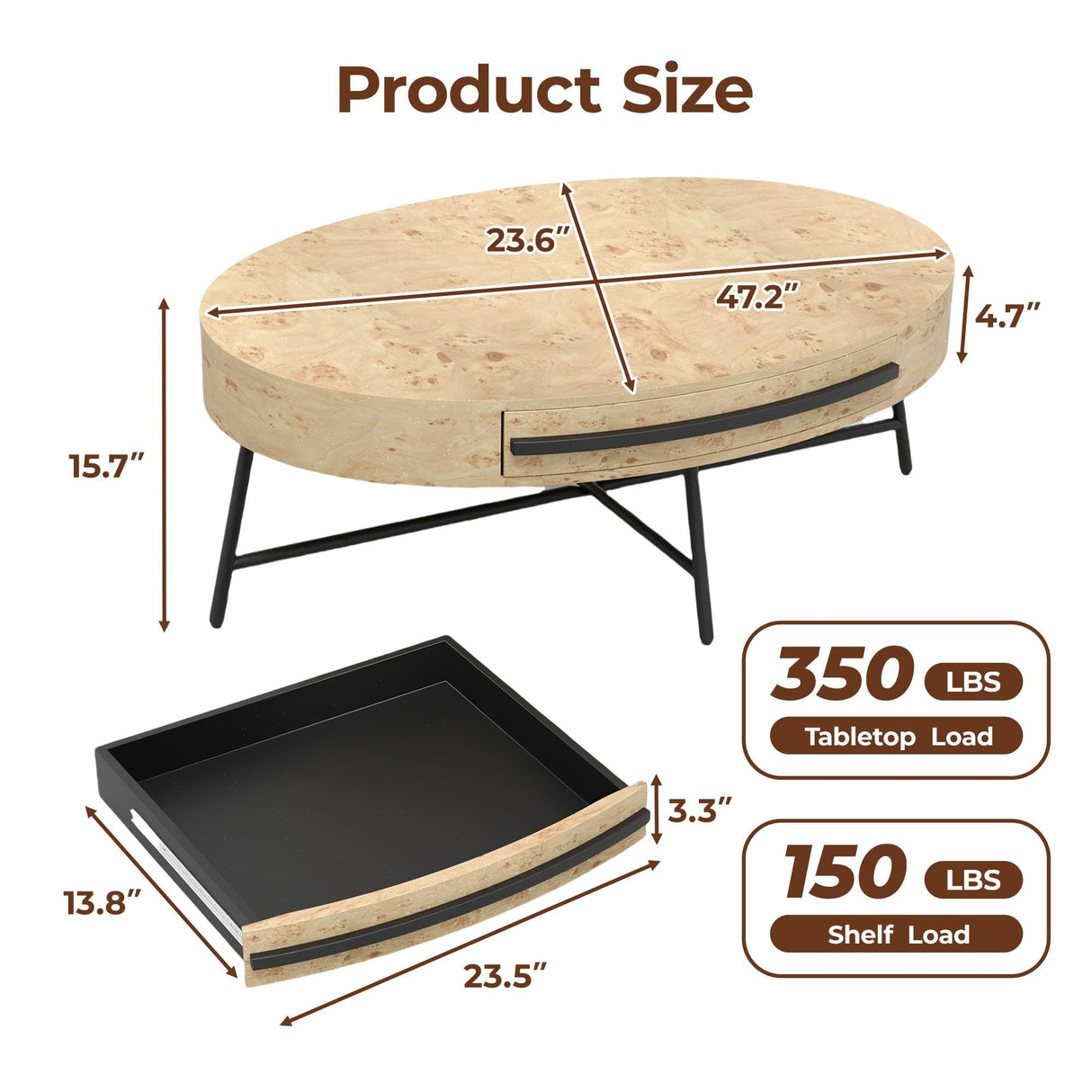 Oval Coffee Table with Drawer, Farmhouse Wooden Center Table 47.2" with Storage, Cross Metal Legs, Unique Curved Design, Center Tables for Living Room, Walnut Finish, Modern Rustic Accent Tea Table IDEALHOUSE