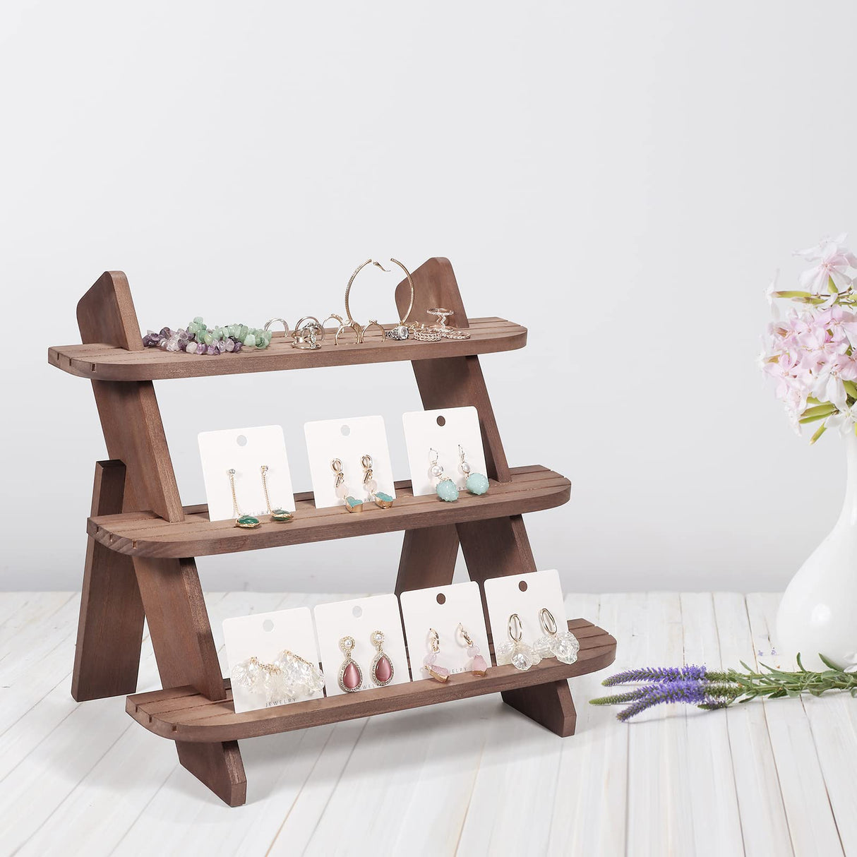 Wooden Display Riser,3 Tier Earring & Ring Holder Stands,Farmhouse Cupcake Stands ,Table Display Stand For Vendors,Organizer Showcase for Tabletop Shows and Home Using ,Wood Rustic Risers (Walnut) WHEARTED