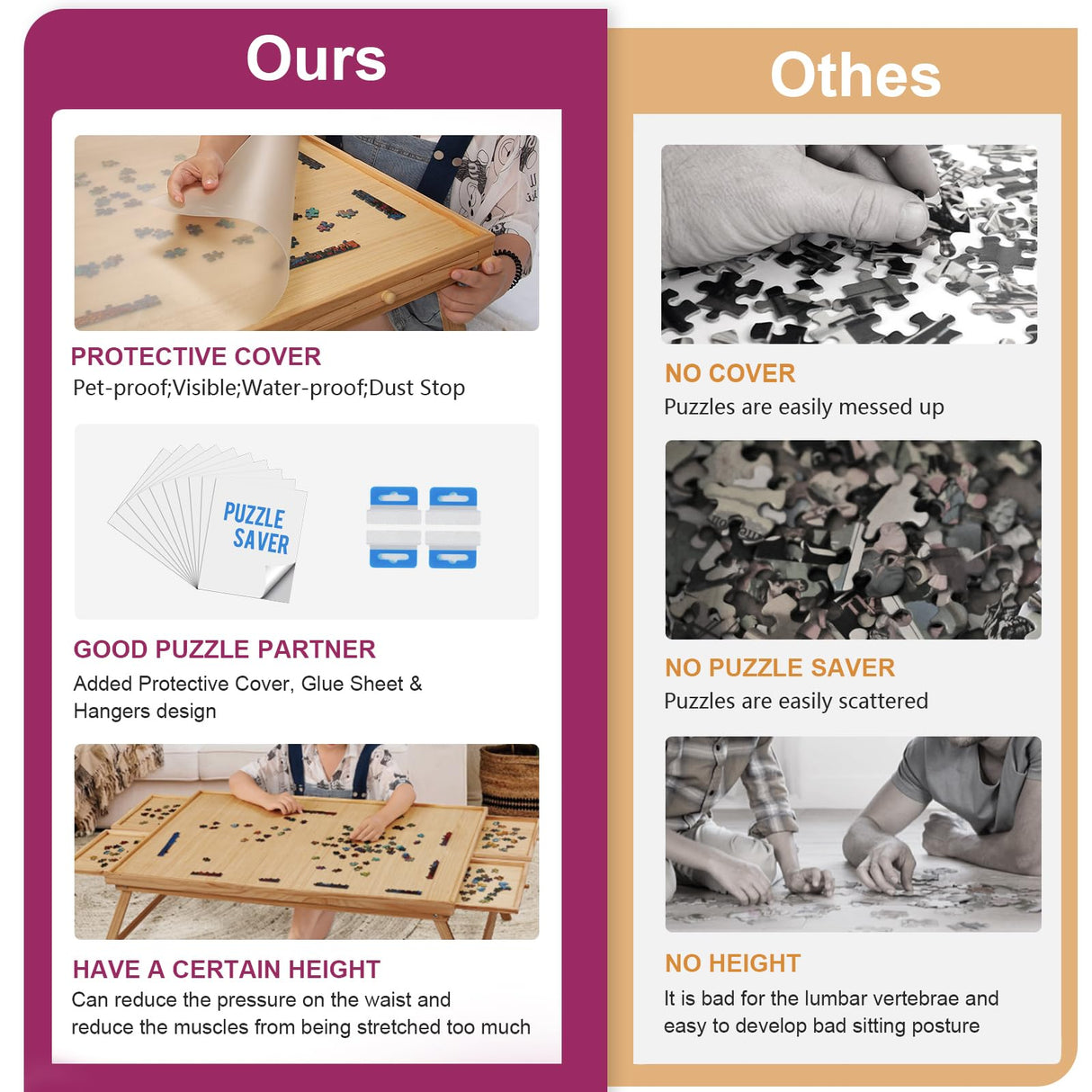 2000 Piece Portable Puzzle Table with Folding Legs, 41.3"X27.5" Wooden Jigsaw Puzzle Board with 4 Drawers & Cover, Family Multifunctional Folding Table for Adults and Kids TEAKMAMA