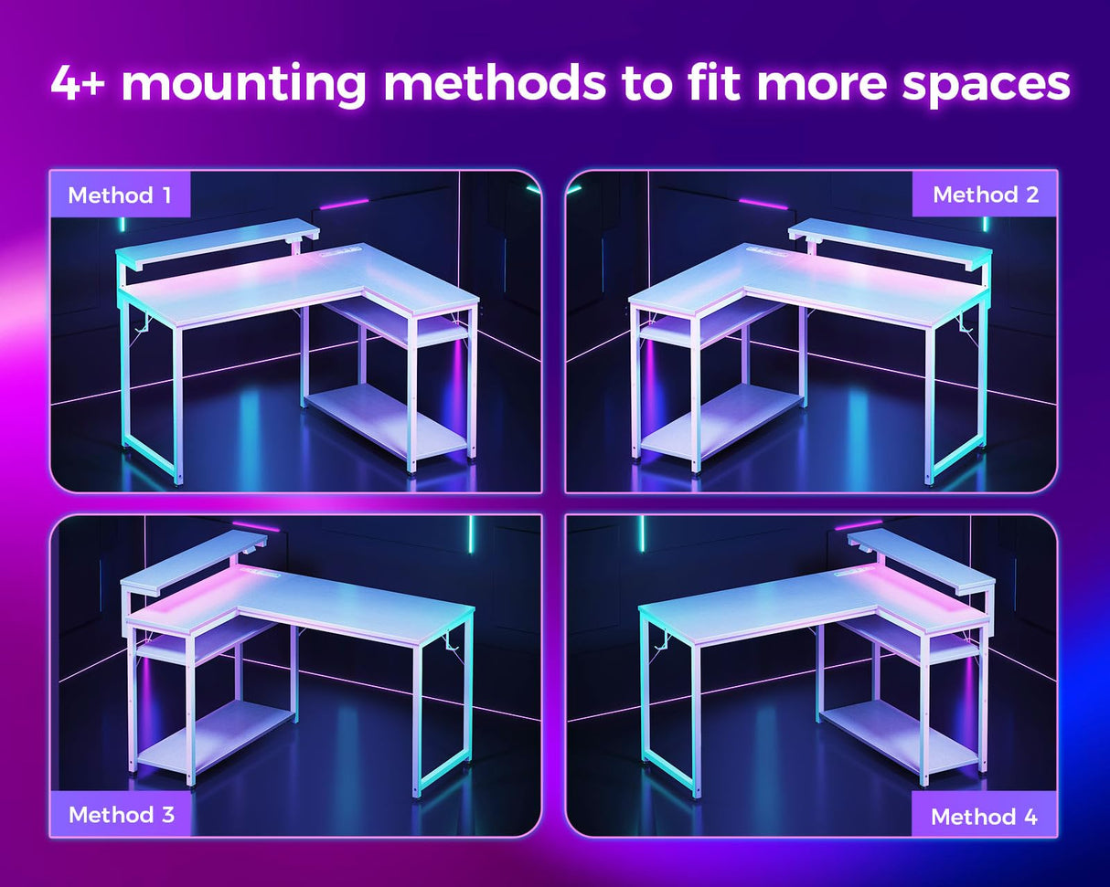 MOTPK White L Shaped Gaming Desk with Power Outlet, Reversible Computer Desk with Height Adjustable Monitor Stand, Coner Desk 43inch with LED Lights, Home Office Desk MOTPK