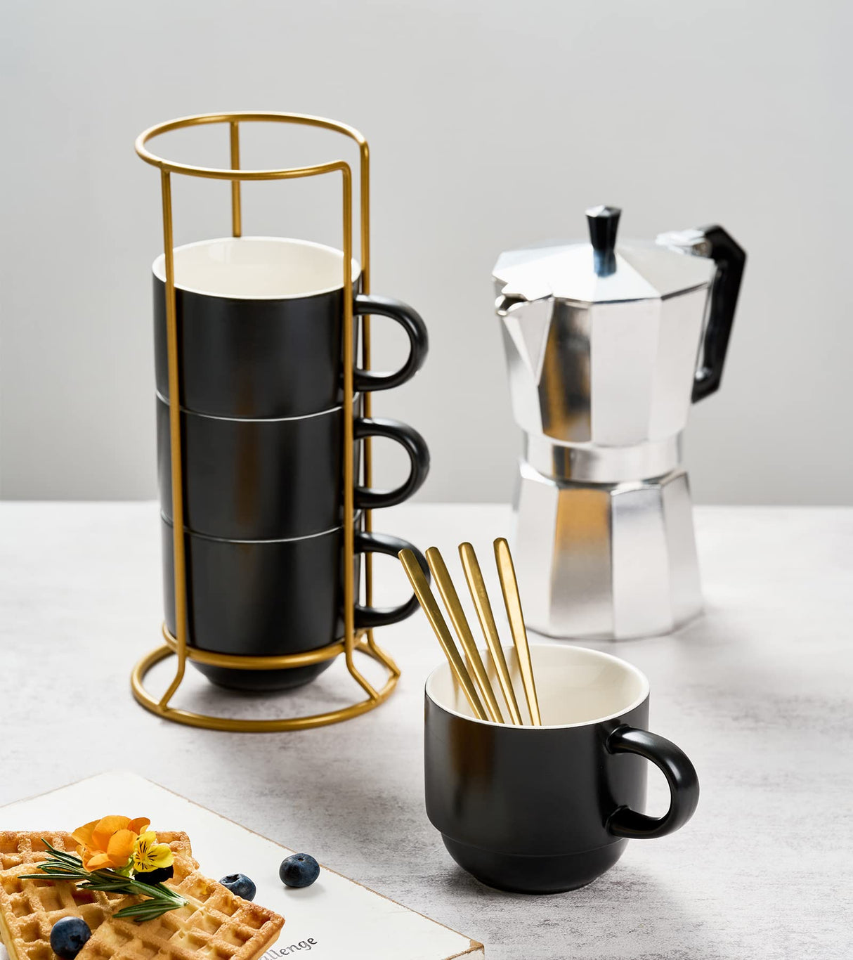 YHOSSEUN Porcelain Stackable Coffee Mug Set With Rack, Demitasse Cups with Espresso Spoons, 11 Oz For Coffee Drinks, Latte, Macchiato, Cafe Mocha Set of 4,Black YHOSSEUN