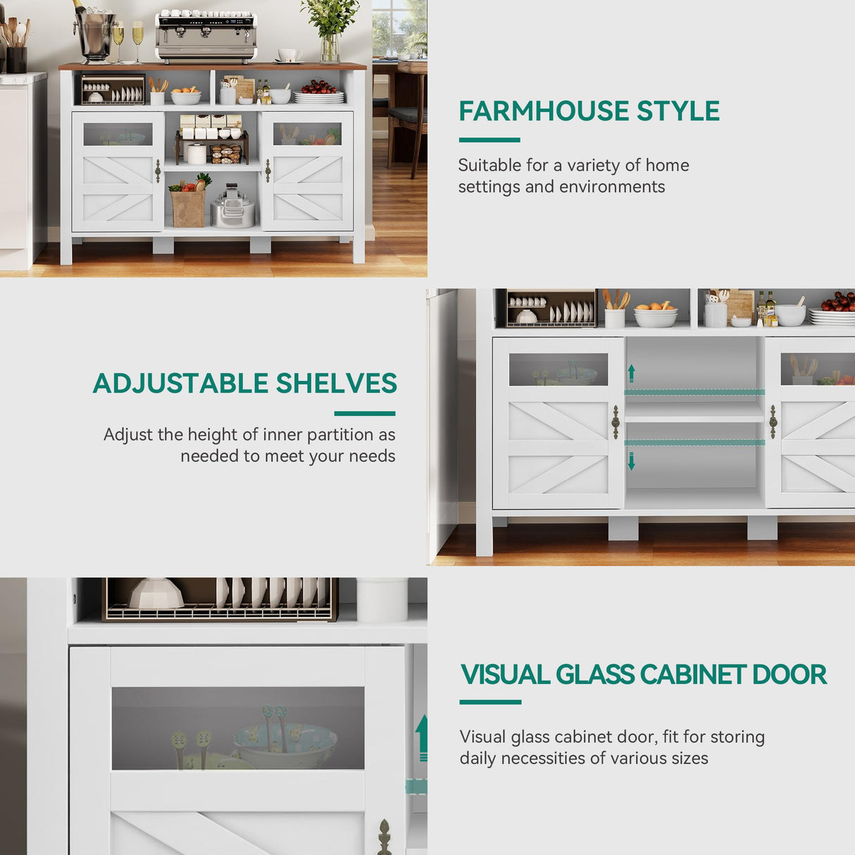 YITAHOME 55'' Farmhouse Buffet Cabinet with Storage, Large Sideboard Cabinet with 2 Doors & Open Storage, Versatile Coffee Bar Table for Kitchen & Living Room (White) YITAHOME