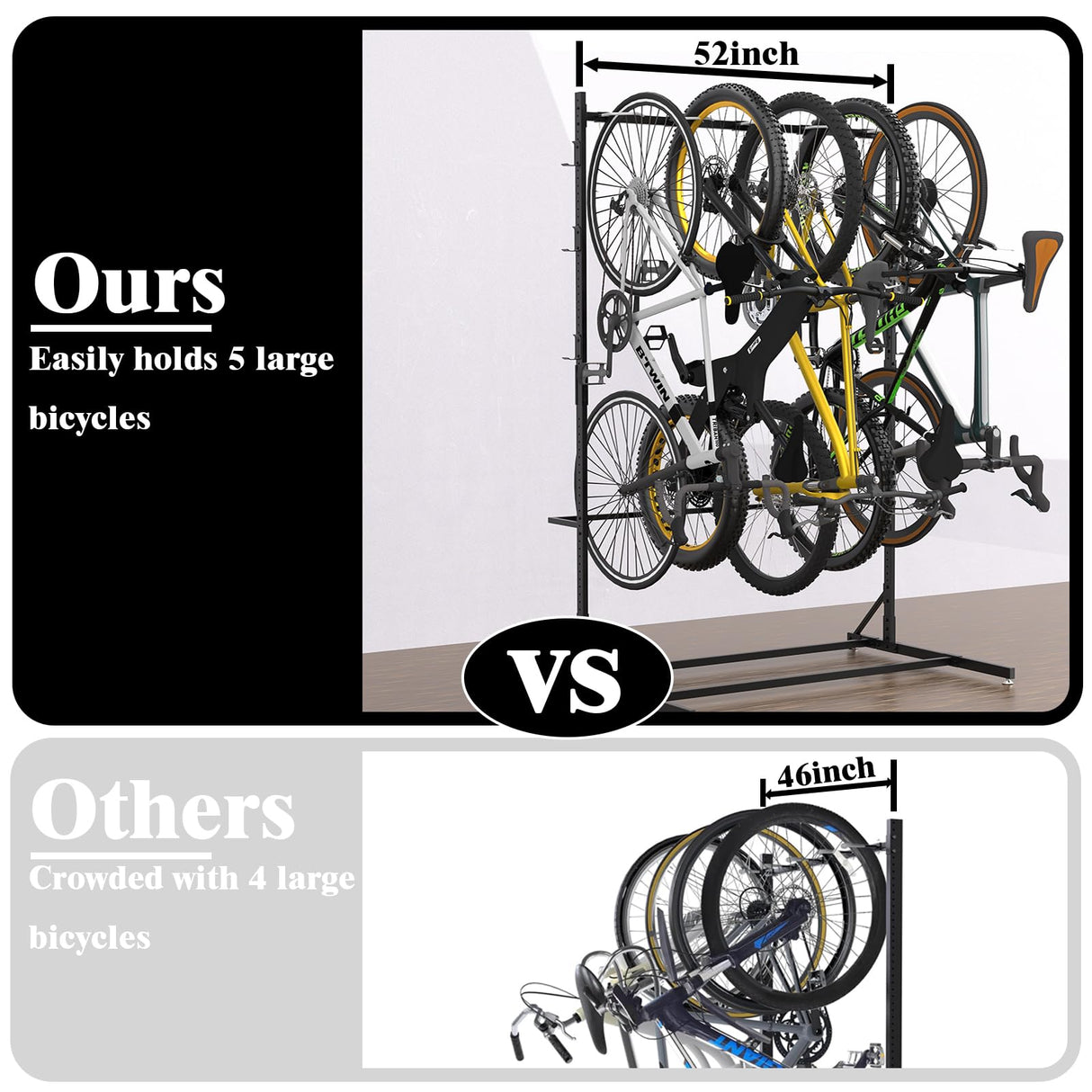 Lezbanz Freestanding Bike Storage Rack for 5 Bikes, 52" Wide Steel Vertical Bike Rack with 5 Bike Hooks & 6 Hooks for Helmet Storage, Bike Racks for Home and Garage, Indoor Floor Bike Stand Lezbanz