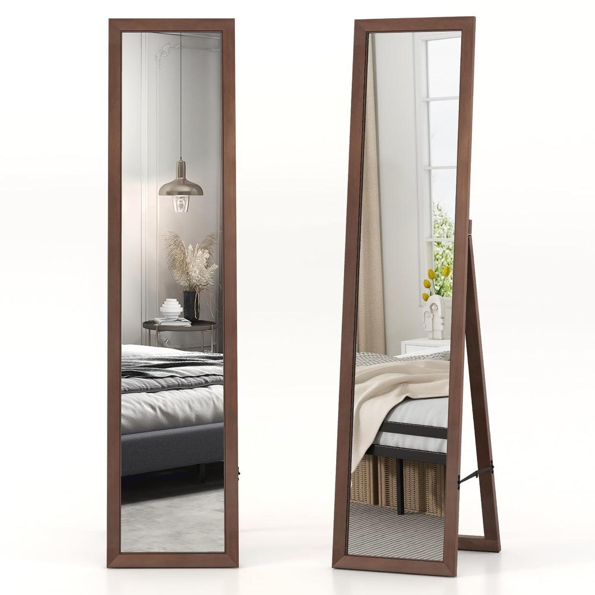 Tangkula Full Length Mirror with Stand, 61" x 14.5" Solid Wood Frame Floor Mirror, Free Standing Full Body Mirror for Living Room, Bedroom, Dressing Room, Cloakroom, Entryway, Brown (61" x 14.5") Tangkula