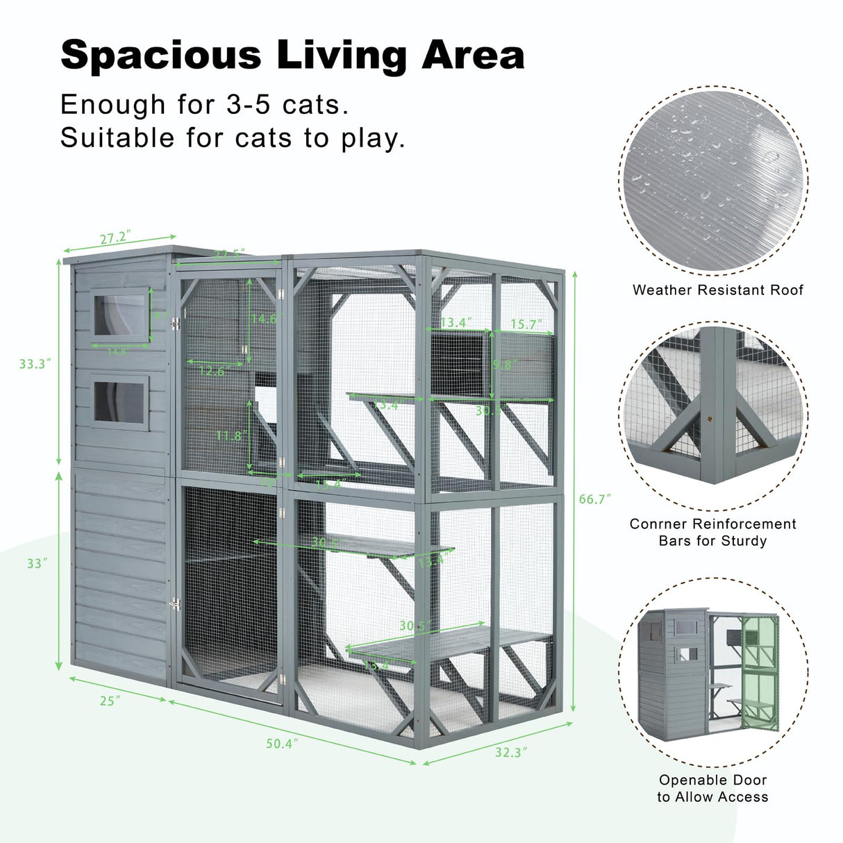 Mxsunh Catio Outdoor Cat Enclosure Large Weatherproof Outdoor Cat House for Outdoor Cats with 3 Resting Boxes, 3 Platforms,5 Windows,70" H*32" W*77" L-Gery MXSUNH