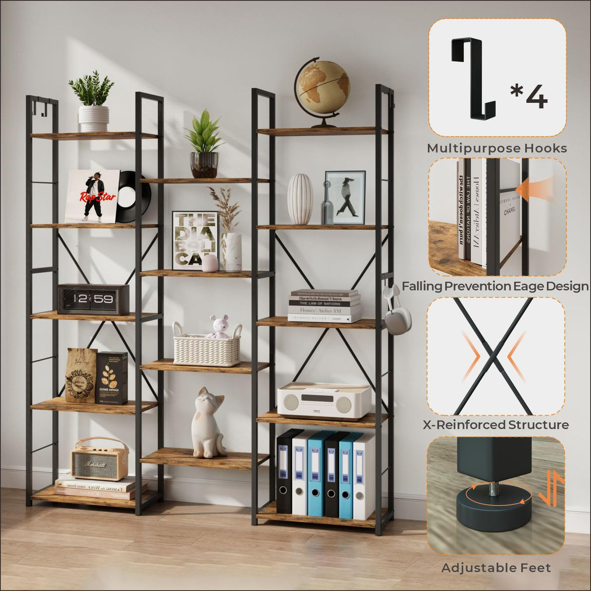 DSNAPE Triple Wide 5 Tier Bookshelf, 67" H Tall Industrial Bookcase with 14 Open Book Shelves, 4 Bonus Hooks and Adjustable Feet, Large Display Storage for Living Room, Office, Rustic Brown DSNAPE