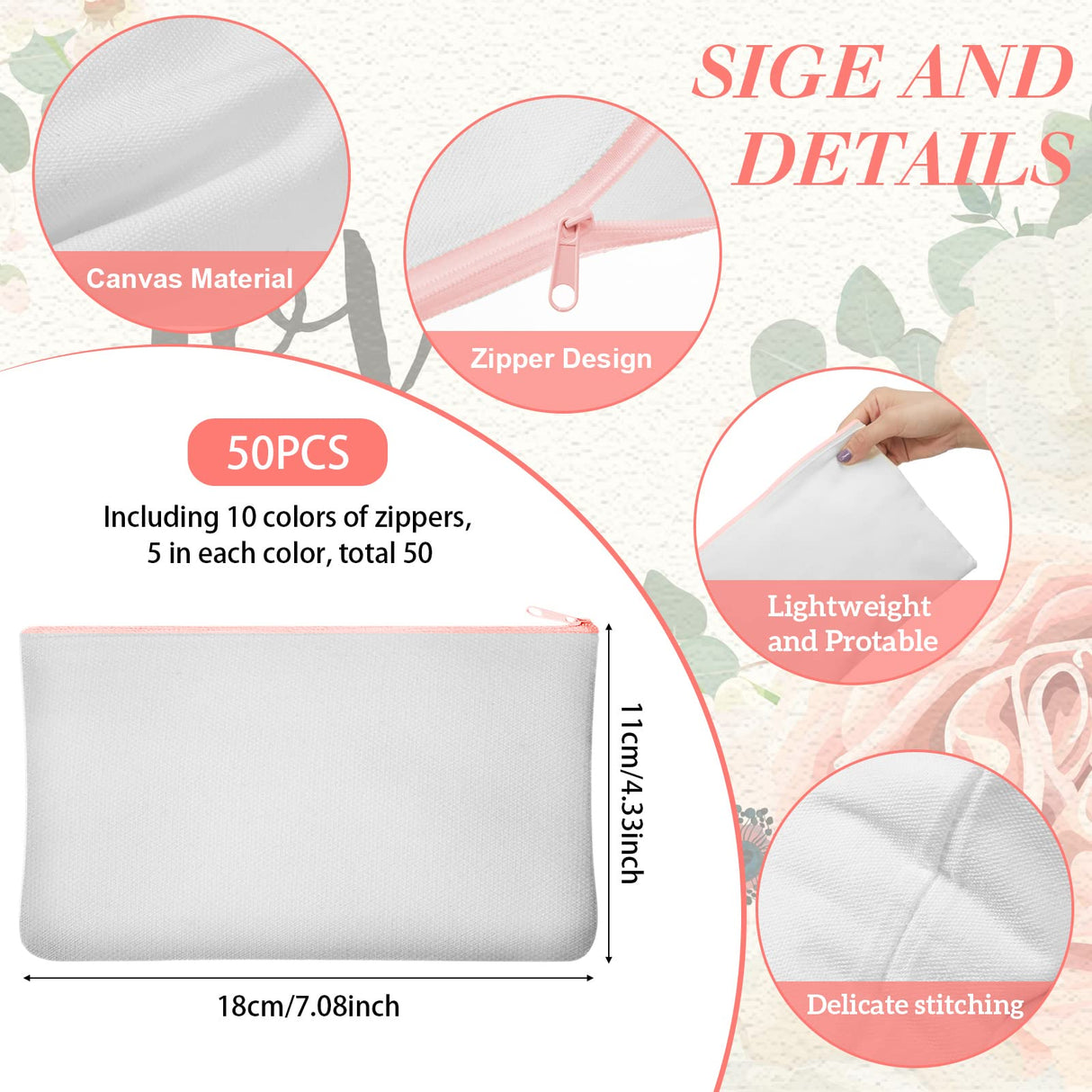 50 Pieces Sublimation Blank Canvas Makeup Bags Bulk, Blank DIY Heat Transfer Cosmetic Bags, Pen Case, Pencil Bags, Clear Sublimation Blank Pouch with Zipper (Mixed Colors, 7 x 4.3 Inch) Frienda