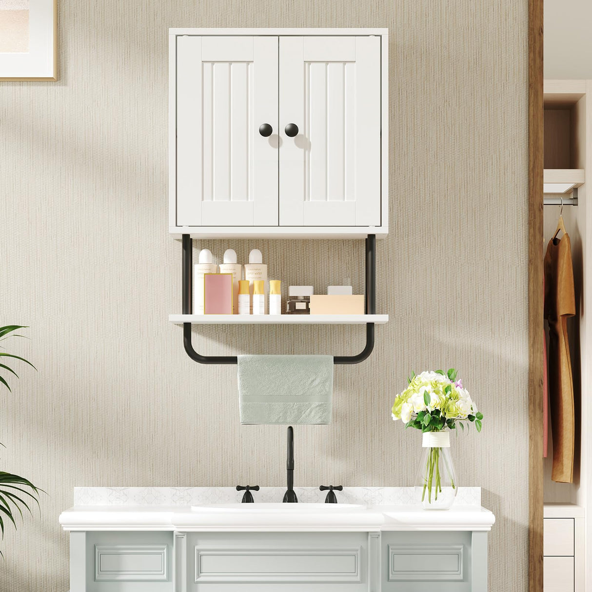 HOOBRO Bathroom Wall Cabinet, Modern Medicine Cabinet with Open and Adjustable Shelf, Over The Toilet Storage Cabinet with Towel Bar, Wall Mounted Organizer for Bathroom, Kitchen, White and Black HOOBRO