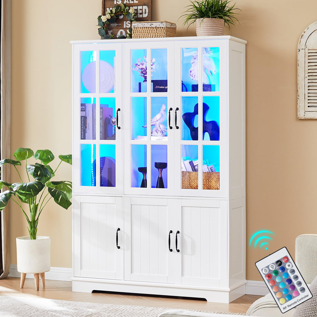 LUXOAK 71" Tall Bookshelf with Doors, LED Display Cabinet with 5-Tier Storage Shelves, White Bookcase for Study/Home Office/Living Room, 6-Door LUXOAK