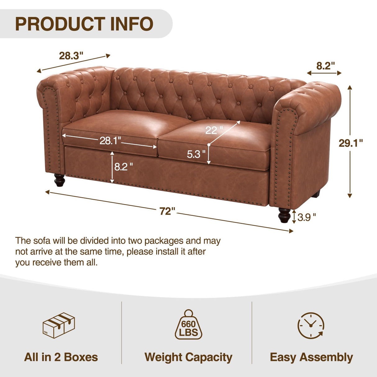 FiveWillowise 72 Inch Brown Couch, Chesterfield Faux Leather Sofa with Wooden Legs, Vintage Tufted Sofa with Rolled Arms, Mid Century Modern Couch with Rivets for Living Room, Apartment, Office FiveWillowise