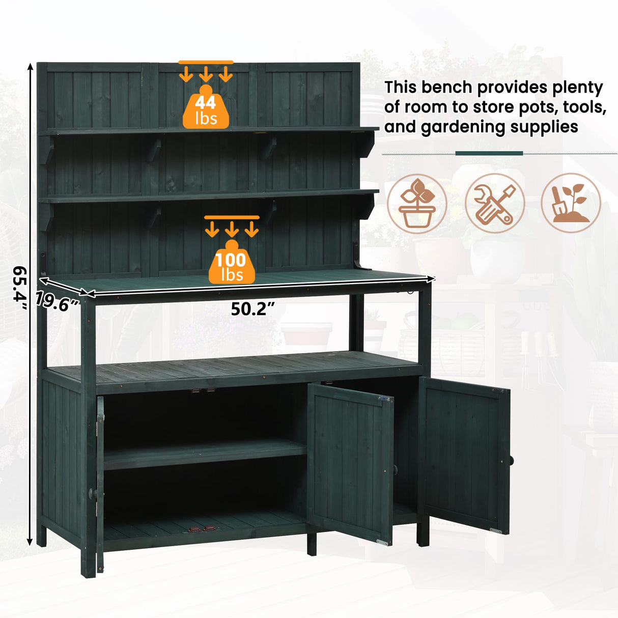 LZ LEISURE ZONE Potting Bench with Hutch, 50.2" Solid Fir Wood Garden Workstation with Large Countertop, 2 Shelves, 2 Cabinets and 3 Side Hooks, Outdoor Planting Table for Gardening, Green LZ LEISURE ZONE