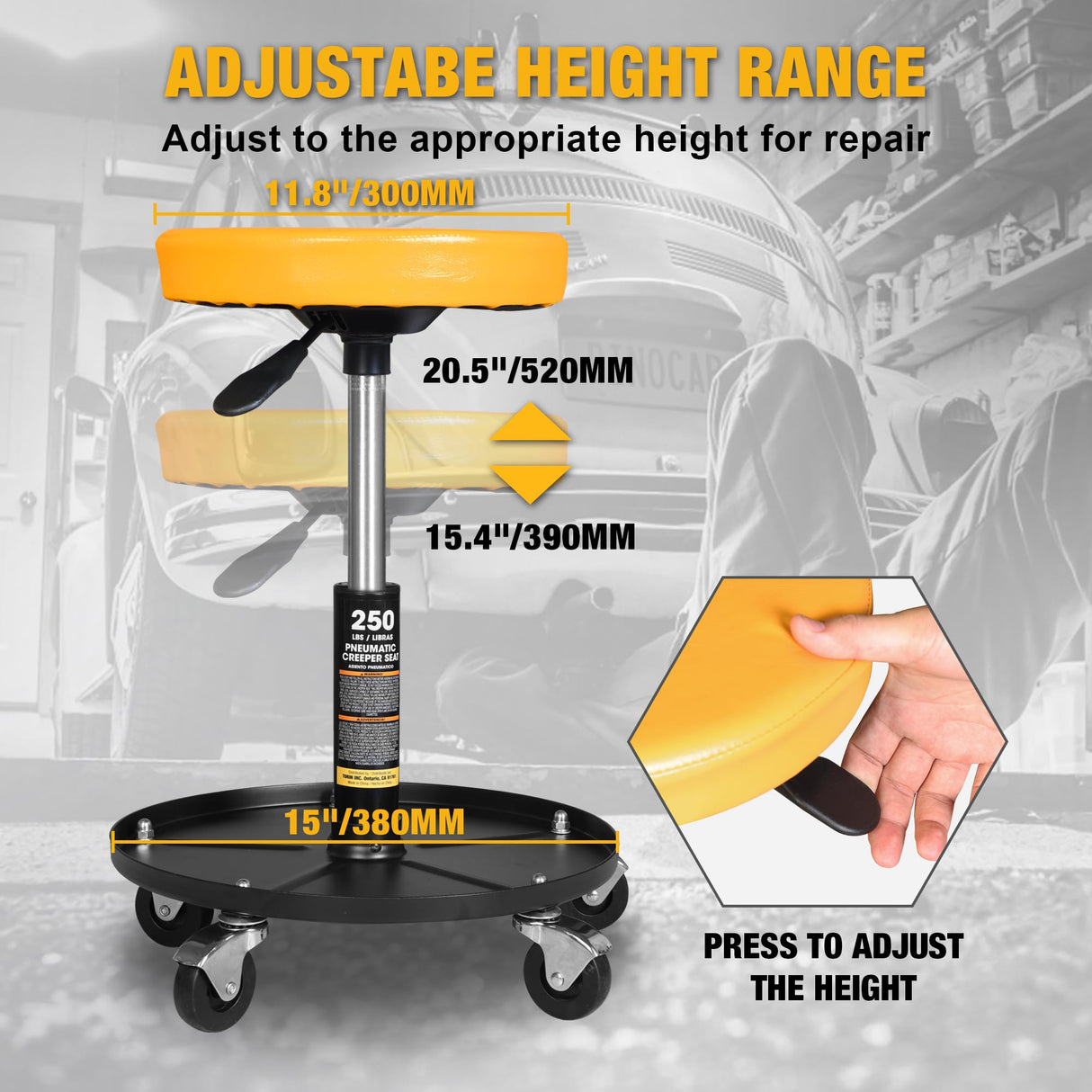 YELLOW JACKET Rolling Mechanic Stool with Wheels Pneumatic Garage Shop Seat Adjustable Height Roller Mechanics Creeper Chair with Tool Tray for Auto Repair YELLOW JACKET