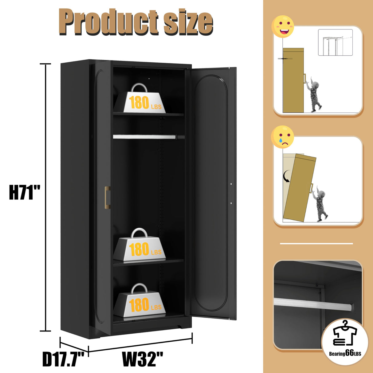 71" Tall Metal Storage Cabinet, Armoire Wardrobe Closet with Hanging Rod, Metal Clothing Storage Cabinets, Black Bedroom Armoires with Adjustable Shelves, Steel Closet Cabinet for Bathroom, Office MetalMax