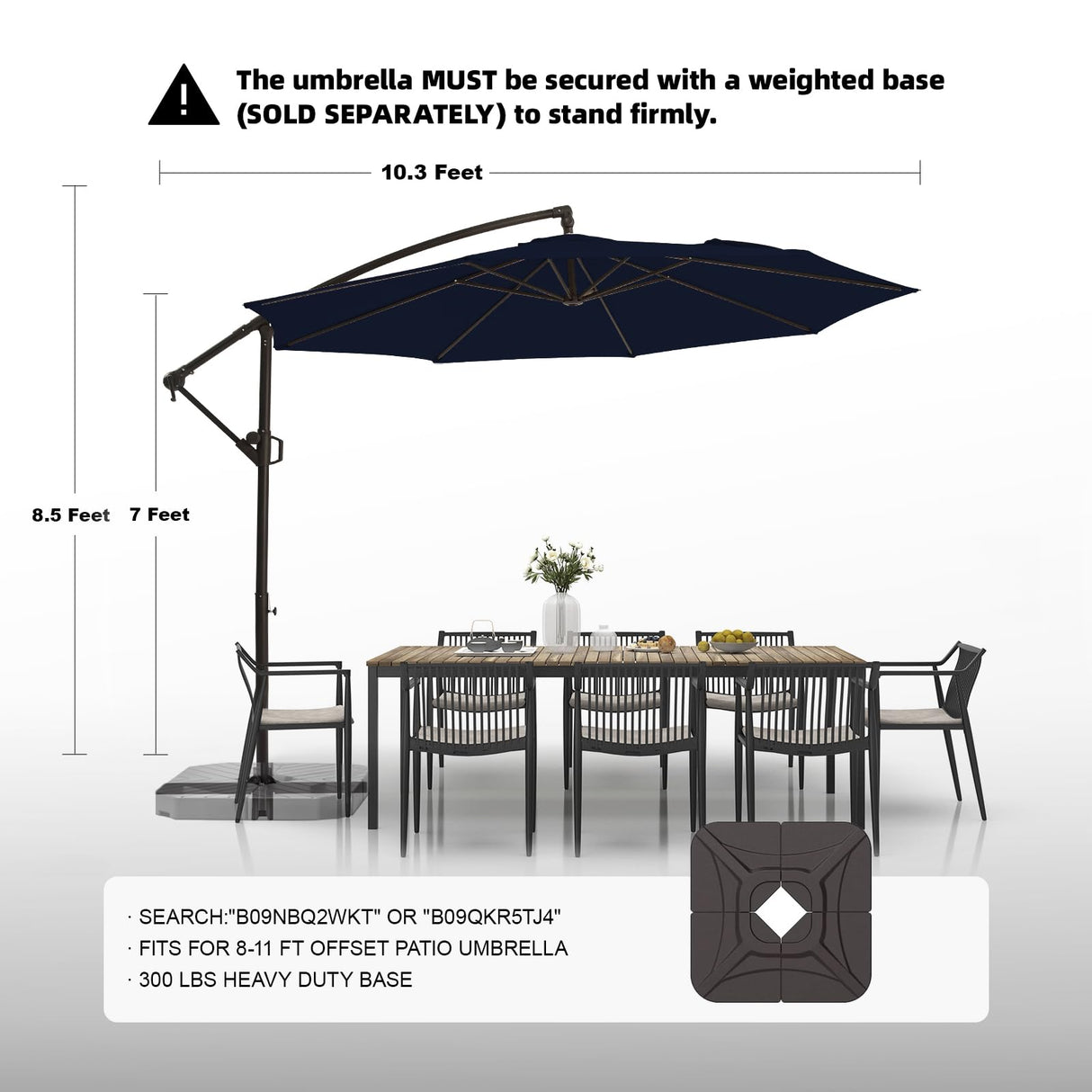 wikiwiki 10ft Patio Umbrellas Offset Outdoor Umbrella Cantilever Hanging Umbrellas w/Infinite Tilt, Fade Resistant Waterproof RECYCLED FABRIC Canopy & Cross Base, for Yard, Garden & Deck, Navy Blue wikiwiki