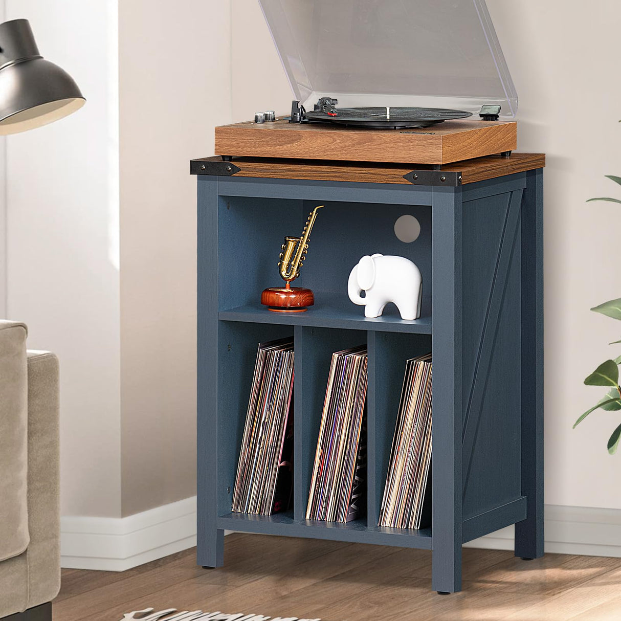 Joaxswe Record Player Stand with Vinyl Record Storage,Navy Blue Record Player Table Holds up to 160 Albums,Large Wood Turntable Stand Cabinet Dispaly Shelf for Living Room,Bedroom,Office Joaxswe