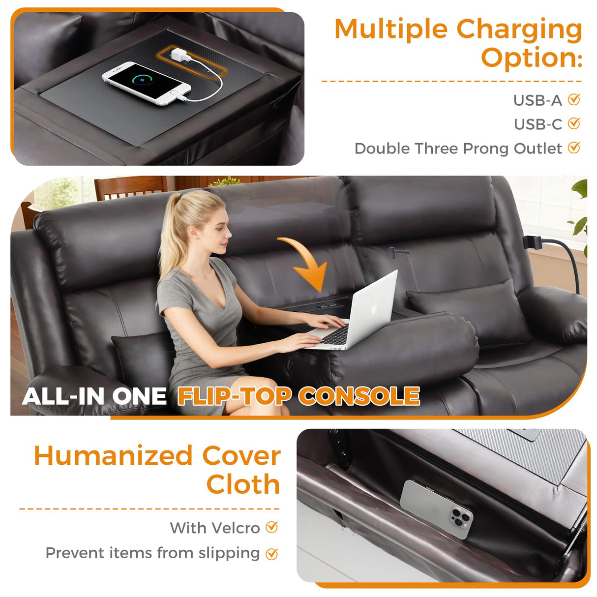 SENYUN 3-Seater Recliner Sofa, Flip Middle Backrest Manual Reclining Couch with Storage Drawer, Phone Holder and USB A&C Ports, Loveseat Recliner for Home Theater,Living Room,RV(Leather,Brown) SENYUN