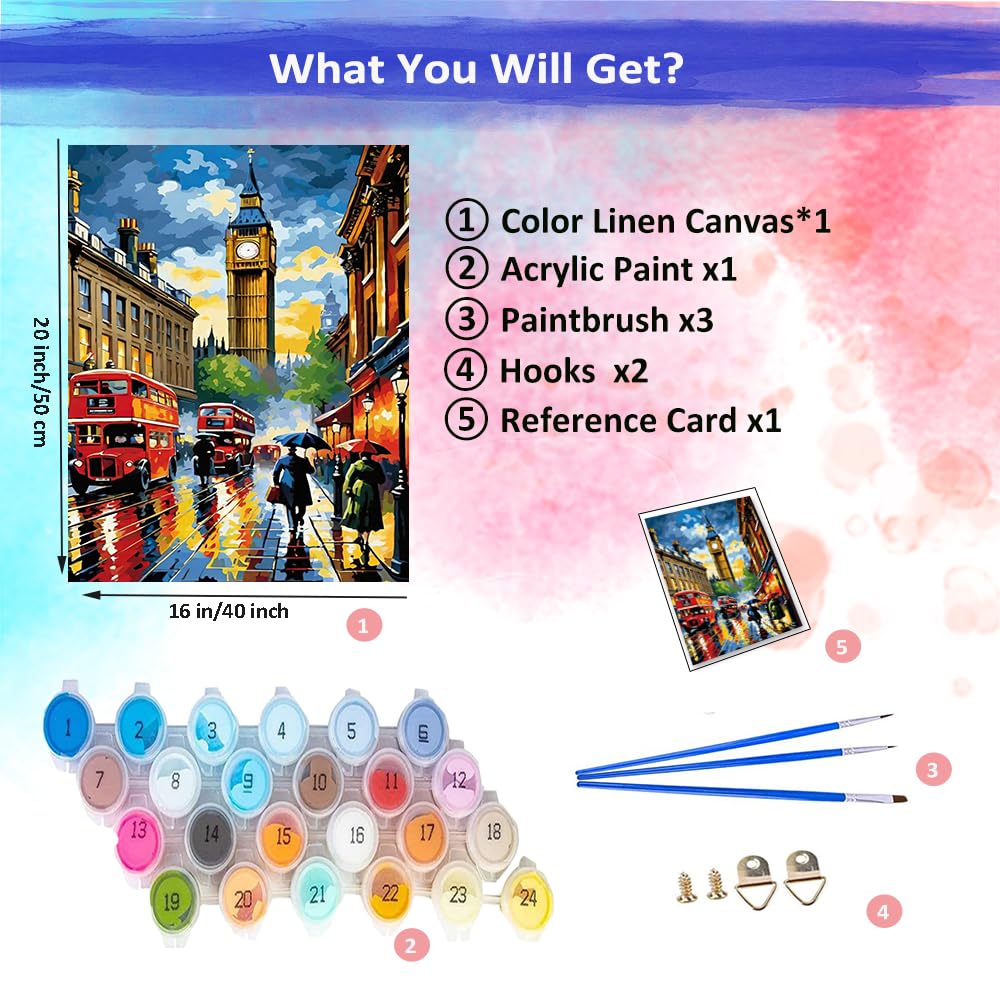 JUJUHOOD Big Ben Paint by Numbers Kit for Adults,London City Street Adult Paint by Number Kits,DIY Acrylic Paint by Number on Canvas for Home Wall Decor 16X20 Inch JUJUHOOD