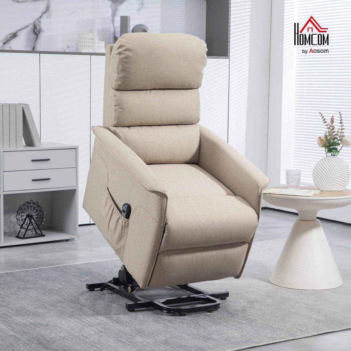 HOMCOM Power Lift Recliner Chair for Elderly, Easy Assembly, Fabric Lift Chair for Adults, Recliner Sofa with Remote Control, Side Pockets for Living Room, Beige HOMCOM