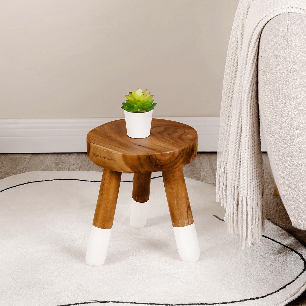 JOLLYMER Teak 12" Round Dip Dyed Wood Plant Stand Wood Accent Stool |Accent Table |Side Table JOLLYMER