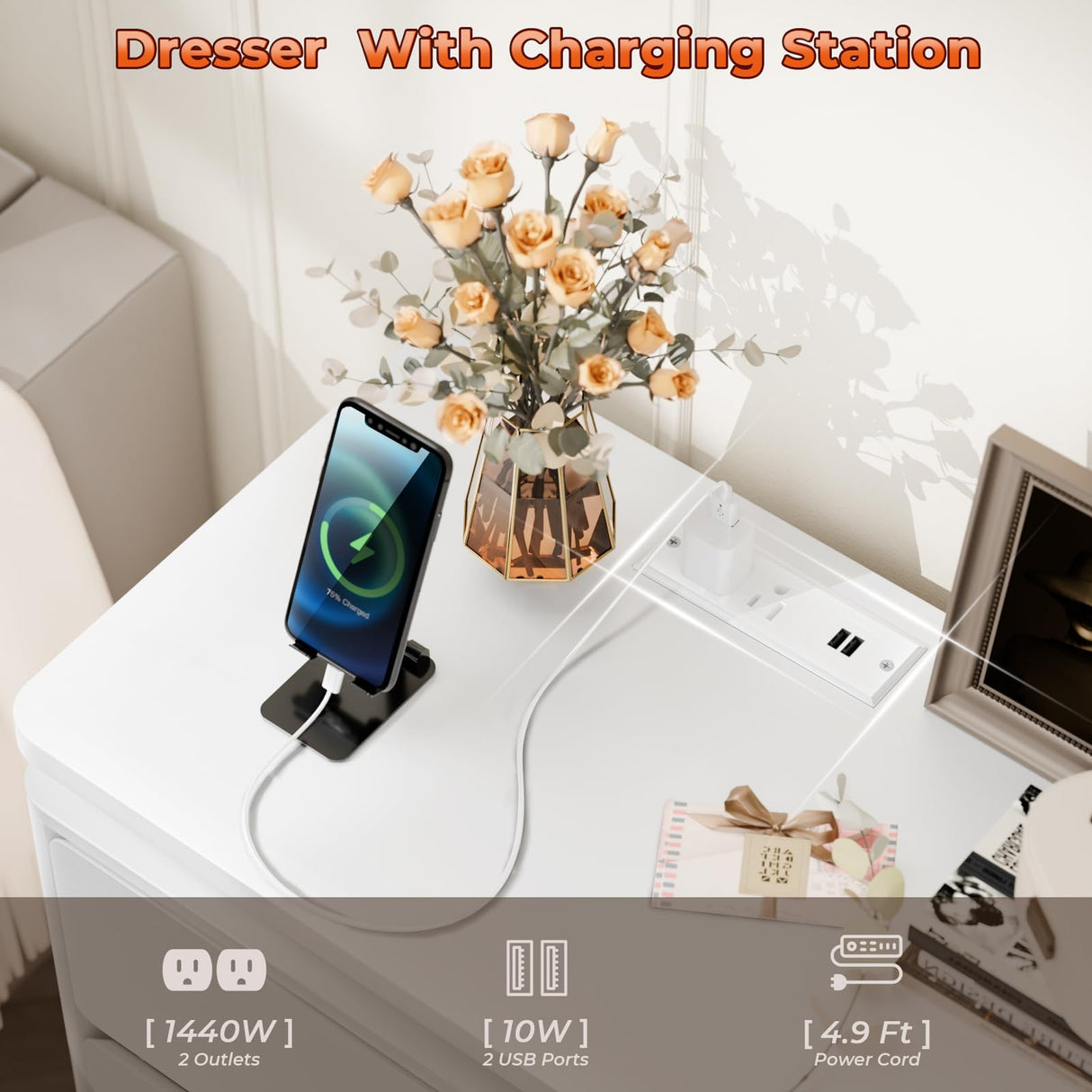 Gyfimoie 6 Drawer White Dresser for Bedroom, 47.2" Long Chest of Drawers with Charging Station & LED Lights, Double Wooden Storage Cabinet Dresser for Closet,Modern TV Stand with Deep Drawers Gyfimoie