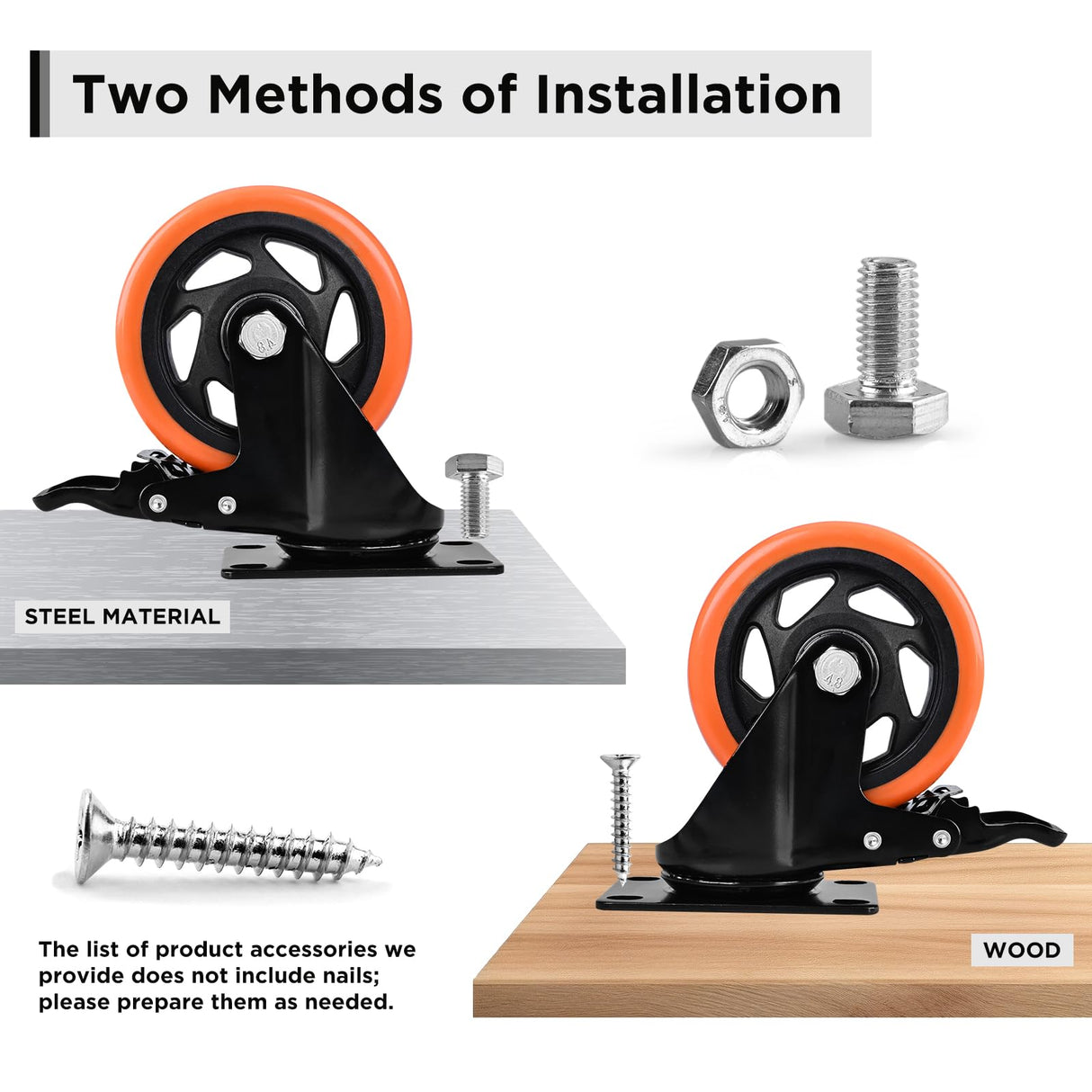Caster Wheels, Heavy Duty 4 Inch Casters Set of 4, Locking Swivel Casters Wheels for Cart, Furniture and Workbench, Orange EGOFIX