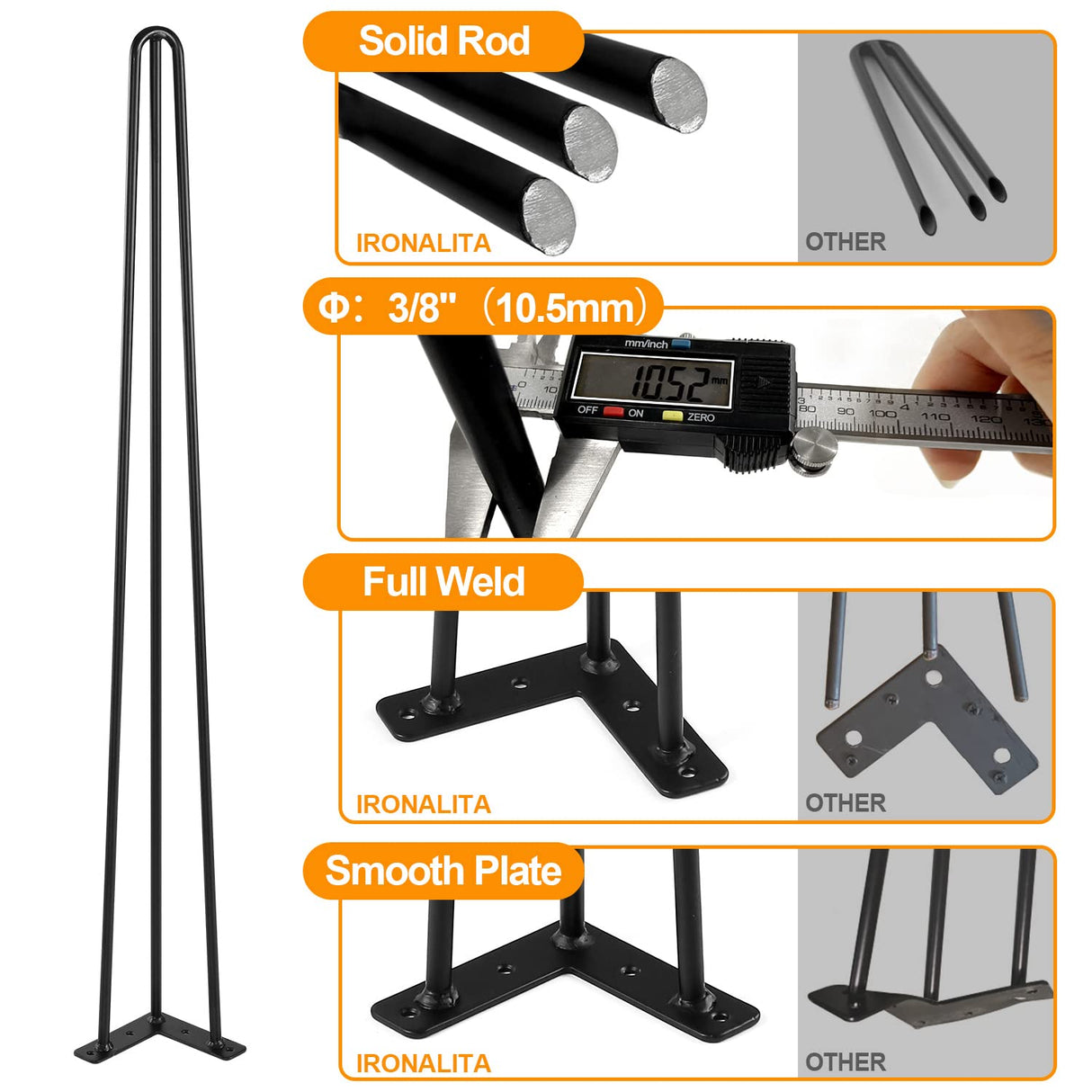 Ironalita 36 Inch Hairpin Legs for Furniture set of 4, Heavy Duty 3 Rod Metal Table Legs with 3/8" Black Solid Iron, DIY Hair Pin Legs for Counter Bar Stool, Console Table, Entryway Table, Plant Stand Ironalita