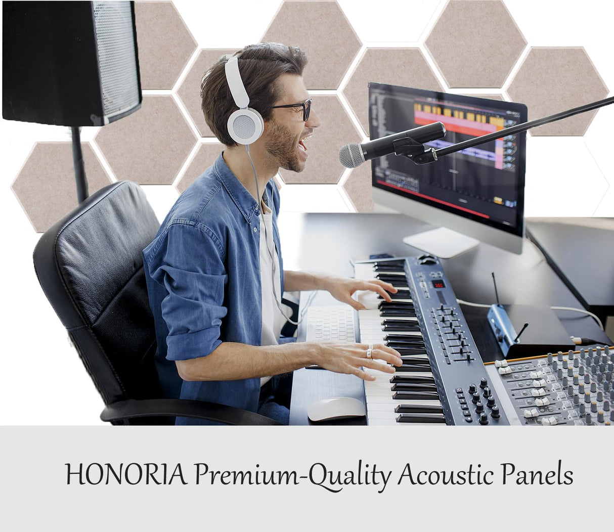 HONORIA 12-Pack Acoustic Panels, Soundproof Wall Panels, Hexagon Self-Adhesive 12"X10"X0.4, High Density Sound Dampening Panels- Camel HONORIA