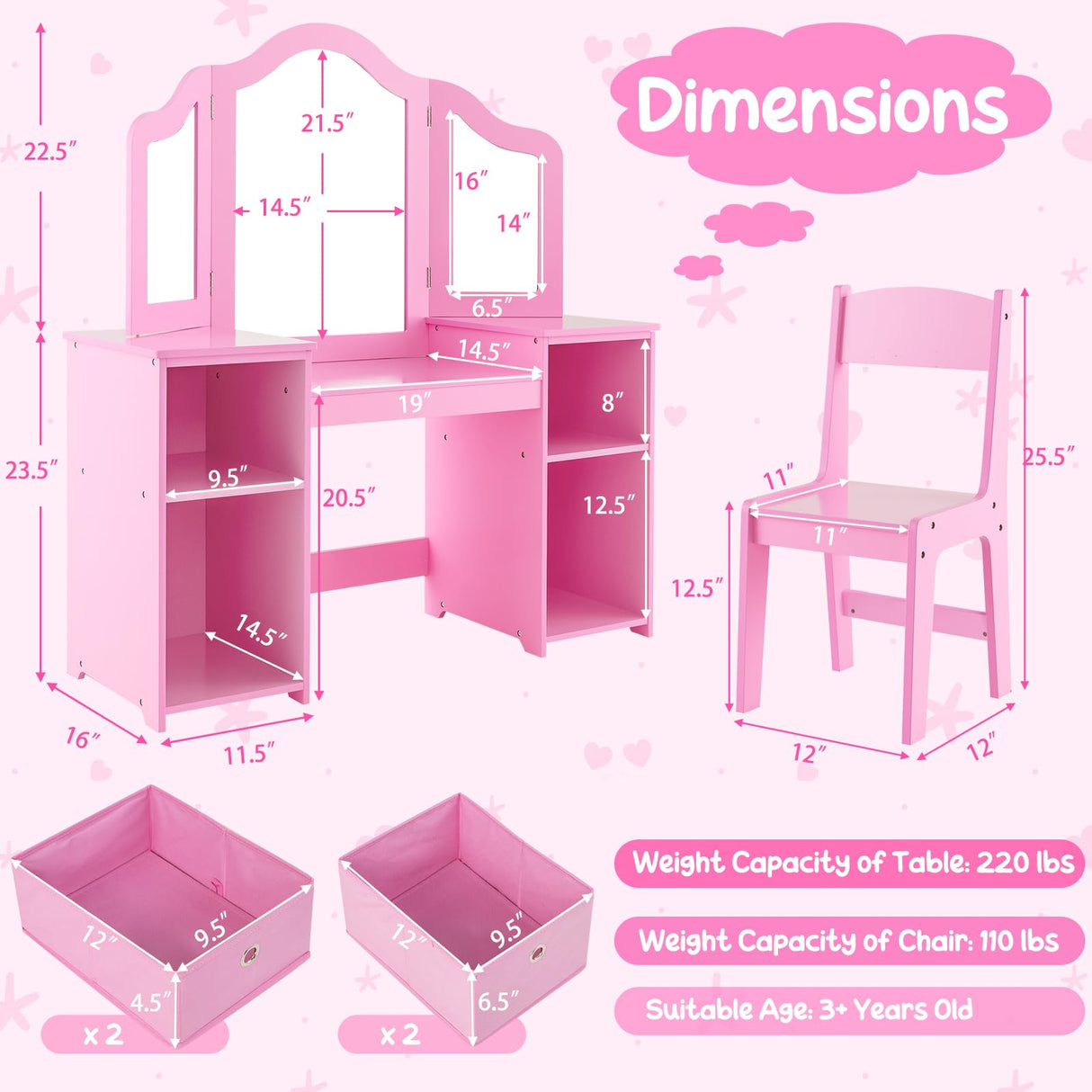 Costzon Kids Vanity, 2 in 1 Princess Makeup Desk & Chair Set with Tri-Folding Mirror, 4 Storage Bins, Wooden Toddler Vanity Dressing Table, Pretend Play Vanity Set for Little Girls (Pink) Costzon