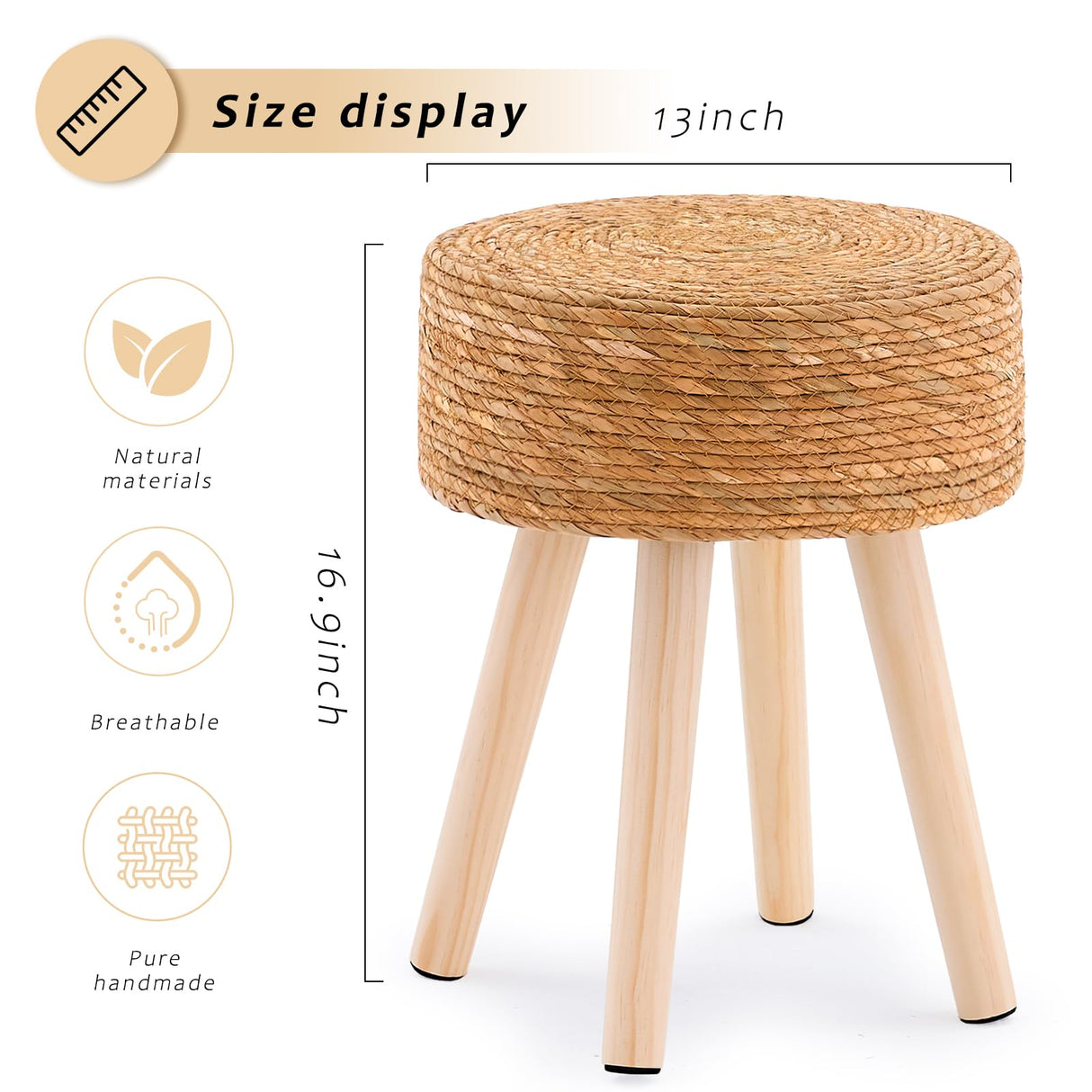 LGENHOOM Natural Handwoven Water Hyacinth Ottoman, Round Footstool with Solid Wood Legs, 17-Inch Multipurpose Vanity Stool, Dining Chair, or Patio Footrest for Balcony and Garden, Original LGENHOOM