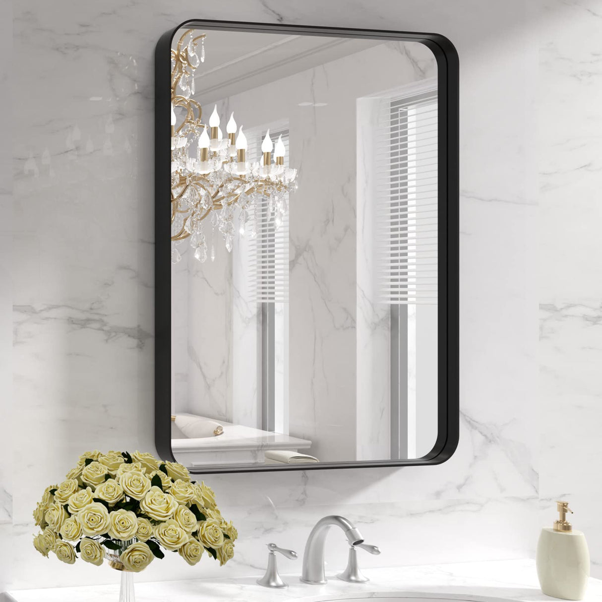 LOAAO Black Metal Framed Bathroom Mirror for Wall, 22X30 Inch Rounded Rectangle Mirror, Matte Black Bathroom Vanity Mirror Farmhouse, Anti-Rust, Tempered Glass, Hangs Horizontally or Vertically LOAAO