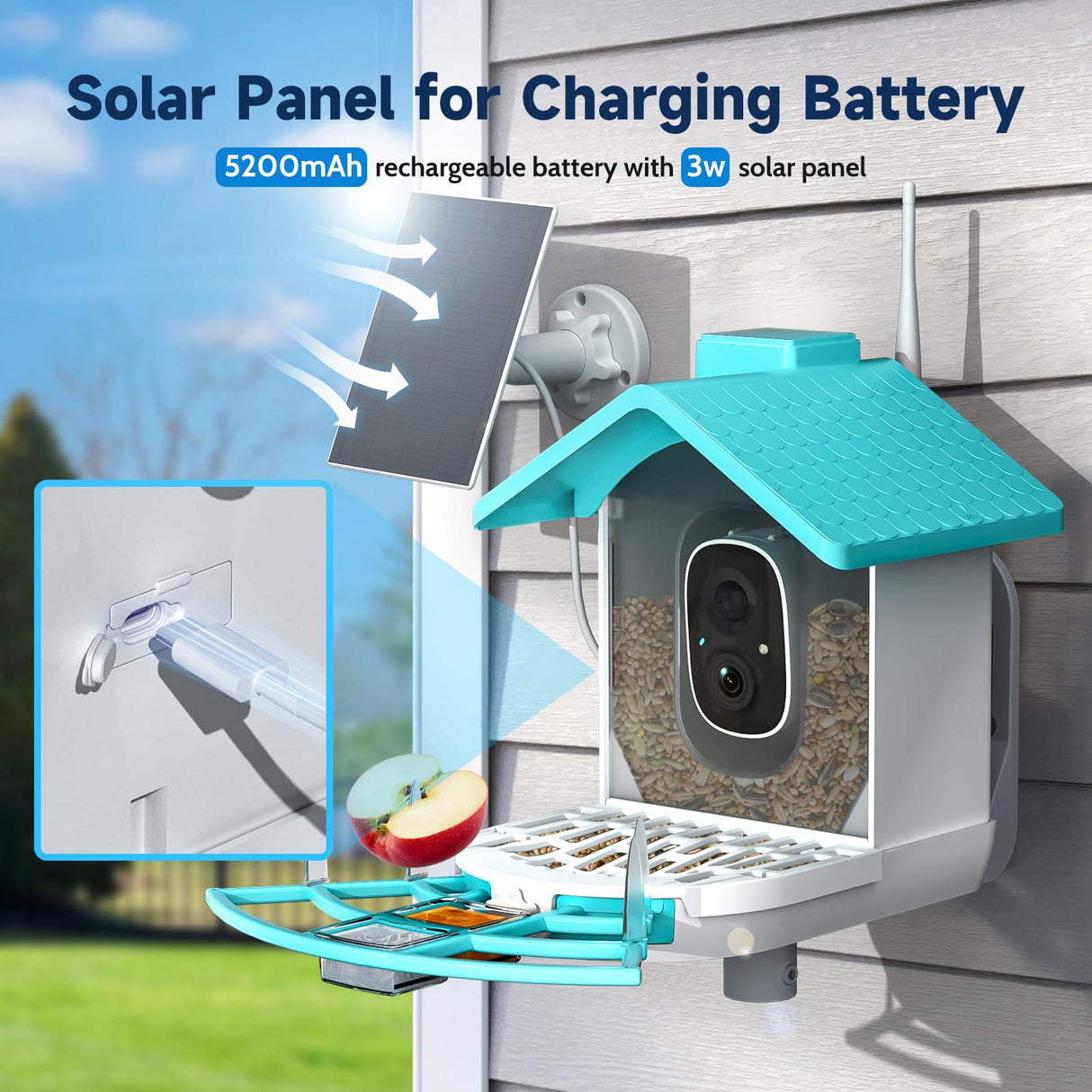 BYRANKE Bird Feeder with Camera, Bird Feeders for Outdoors with Solar Panel, Bird Feeder Camera with AI Bird Identification, Squirrel Proof Bird Feeders, Ideal Gift for Bird Lovers, Blue BYRANKE