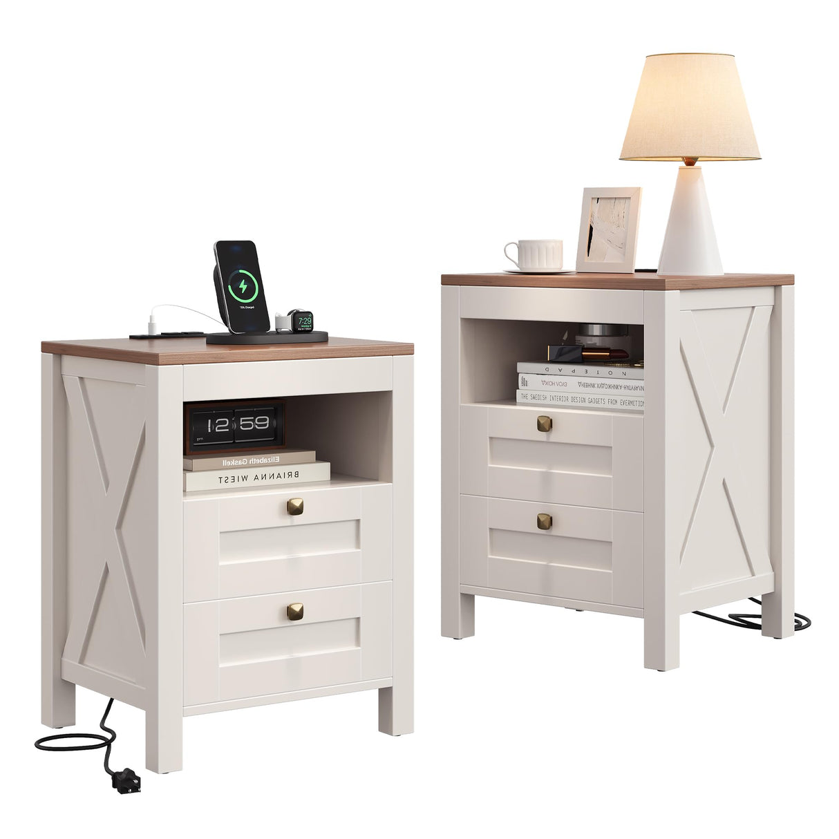 Luoxiao Nightstand Set of 2 with Charging Station, End Table, 18" Farmhouse Side Table with 2 Storage Drawers, Rustic Wooden Sofa Table, Bedside Cabinet for Living Room, Bedroom, White Luoxiao