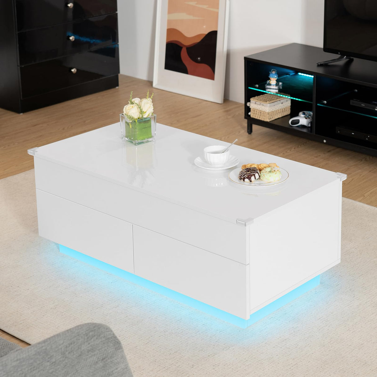 LED Coffee Table for Living Room Lift Top Coffee Tables with Storage Morden High Gloss 4 Tiers Black Tea White Center Tables Sofa Hidden Compartment & 2 Drawers HOMMPA