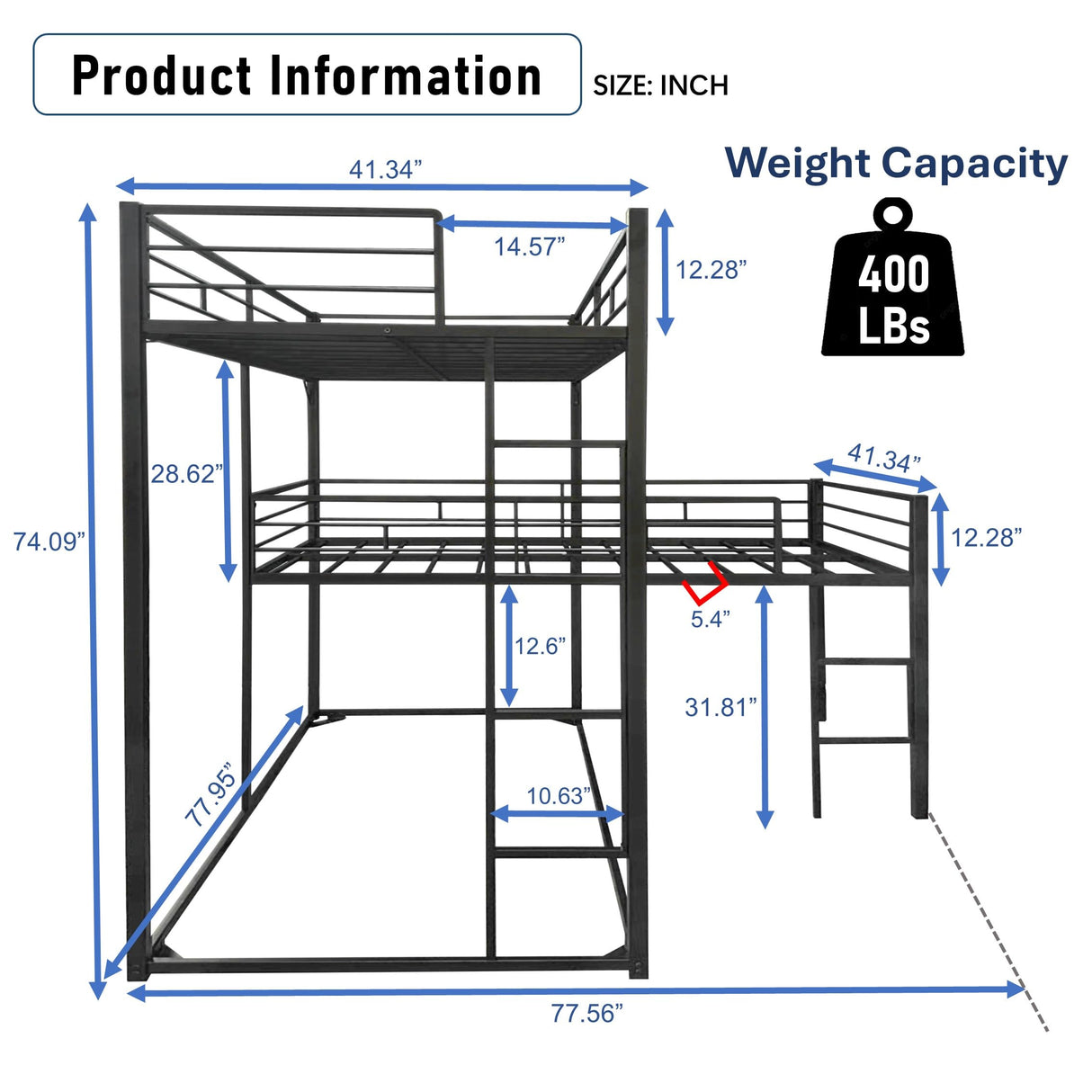 PVWIIK Triple Bunk Bed with Built-in Ladder and Full-Length Guardrails for 3 Kids,Metal L-Shaped Bunk Bed,Space Saving Design, No Box Spring Needed, Black PVWIIK