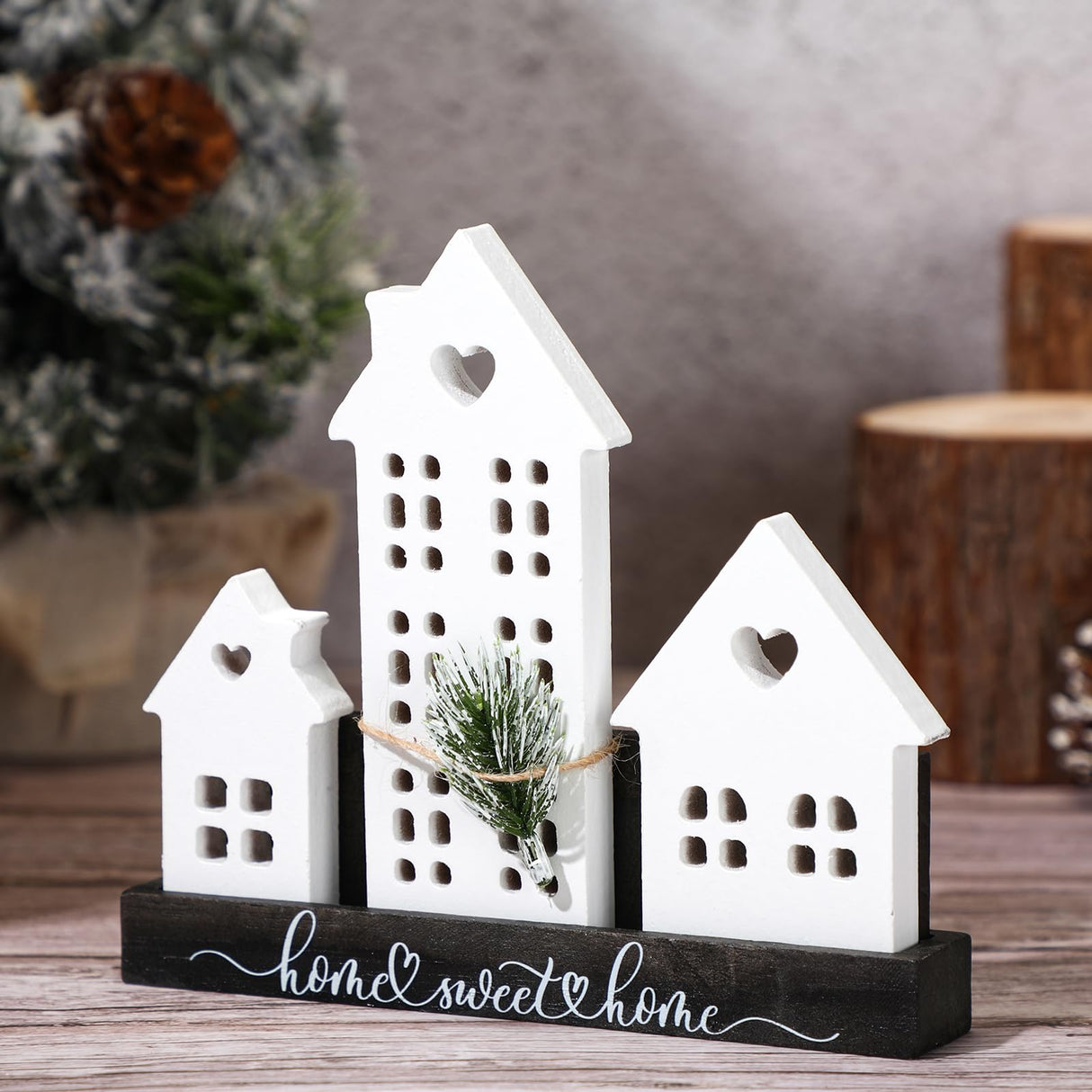 Yousoontic 1 Set White Village Houses Wooden Farmhouse Decorations Home Sweet Tabletop Decor Sign for welcome Centerpieces House Warming Gifts New Home Couple Yousoontic