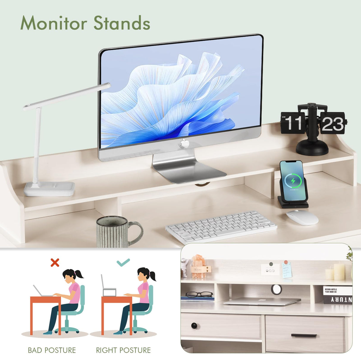 Catrimown Computer Desk with Drawers and Hutch, Farmhouse Home Office Desk Writing Table Wood Executive Desk Student Desk with File Drawer for Bedroom, Small Space, Milky White Catrimown