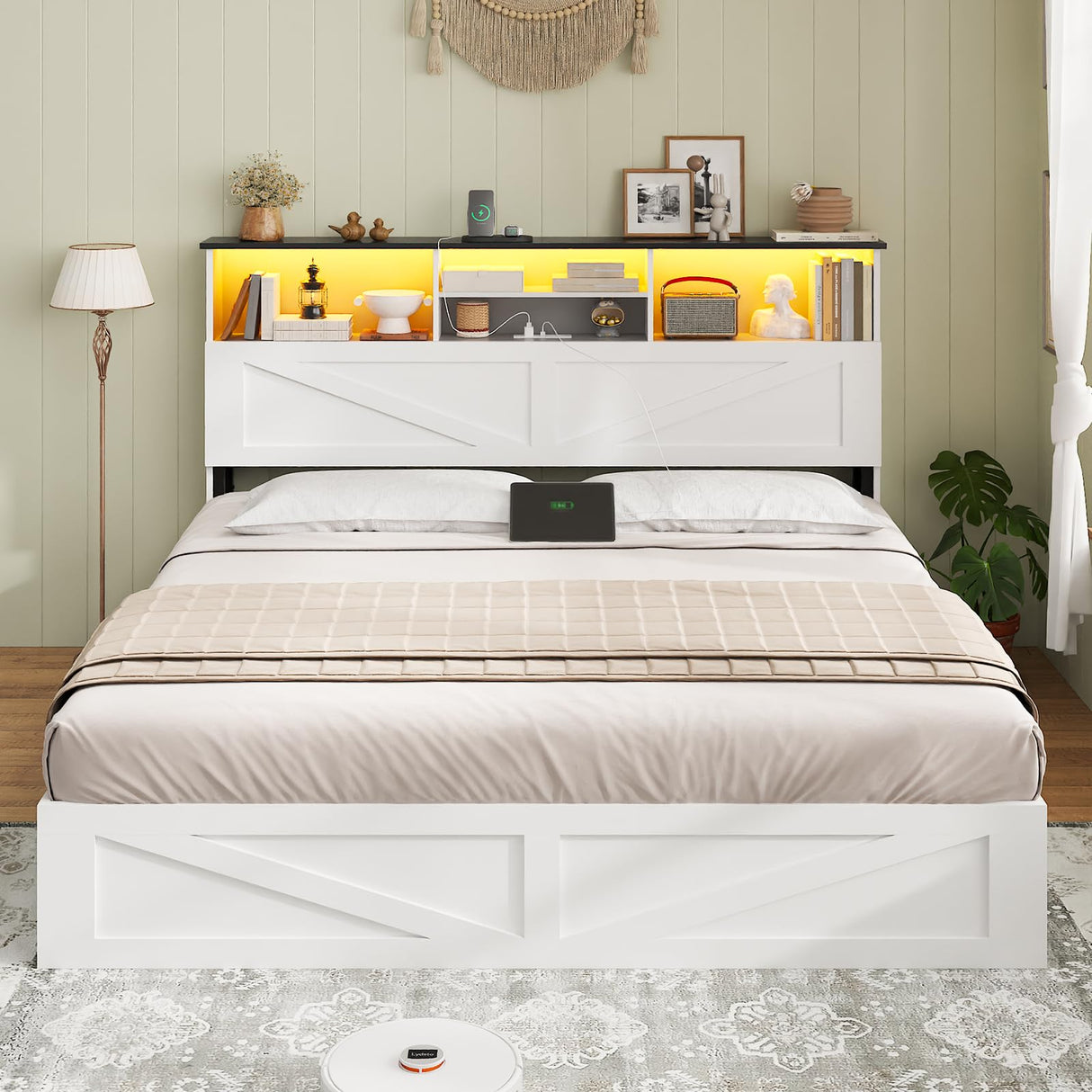 AOGLLATI Farmhouse Queen Bed Frame with 4 Storage Drawers and Led Lights, Wooden Bed Frame Queen Size with Hidden Space Bookcase Headboard and Led Lights & Metal Slats, White AOGLLATI